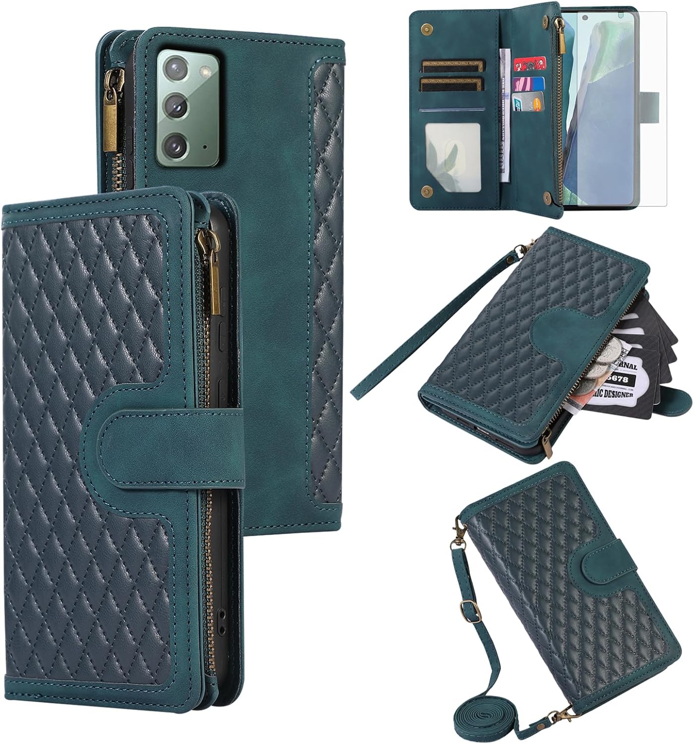 Asuwish Funda de teléfono para Samsung Galaxy Note 20 5G con protector de pantalla de vidrio templado y correa para la muñeca, cremallera abatible,