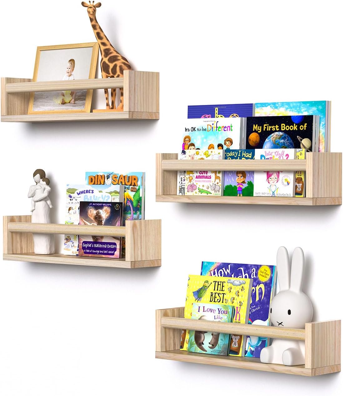 Estantes flotantes para pared, juego de 4 estantes para libros de guardería, estante para libros para niños, perfecto para habitación de niños,