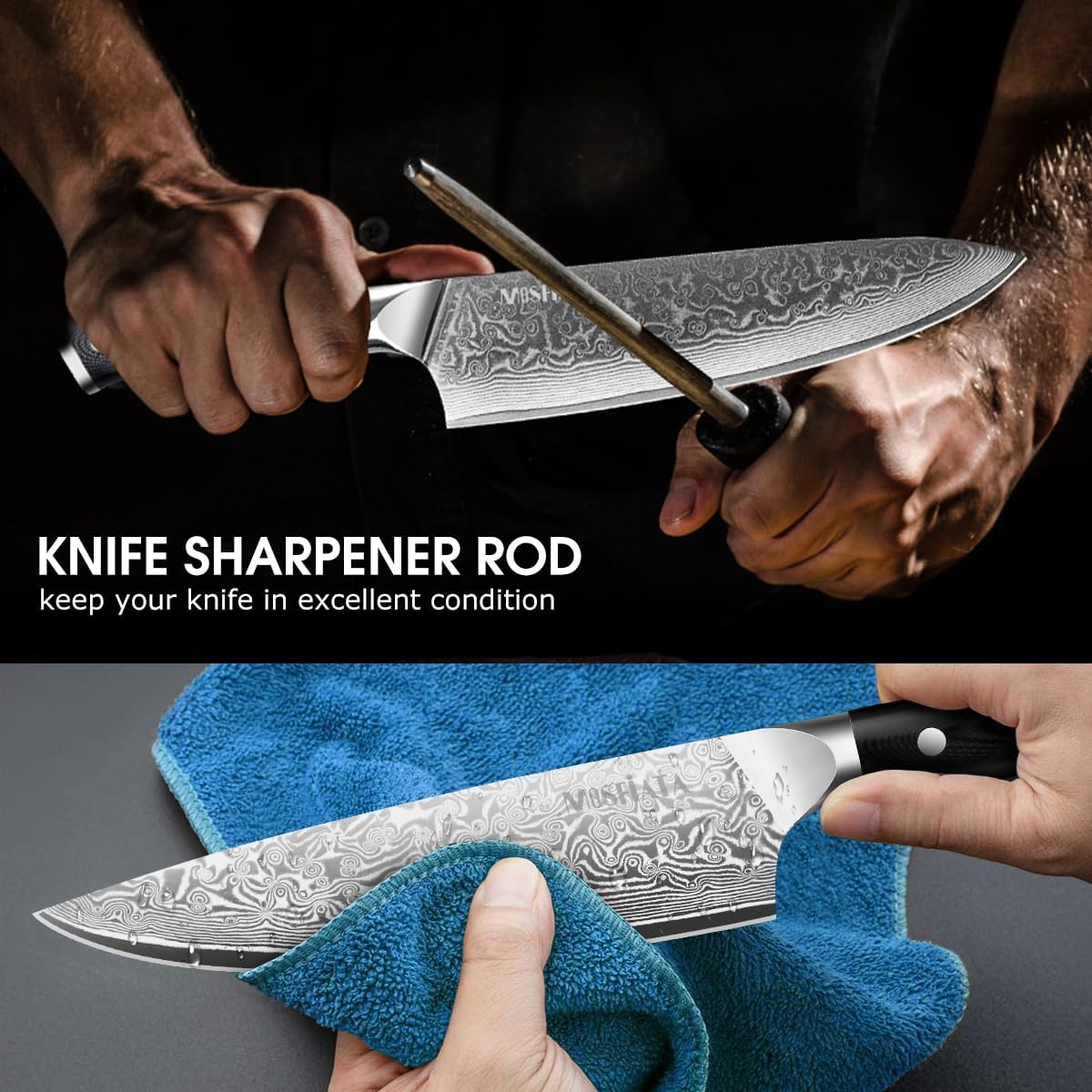 MOSFiATA Juego de cuchillos de chef profesional de Damasco, 3 piezas, cuchillo de chef de 8 pulgadas, cuchillo Santoku de 7 pulgadas y cuchillo