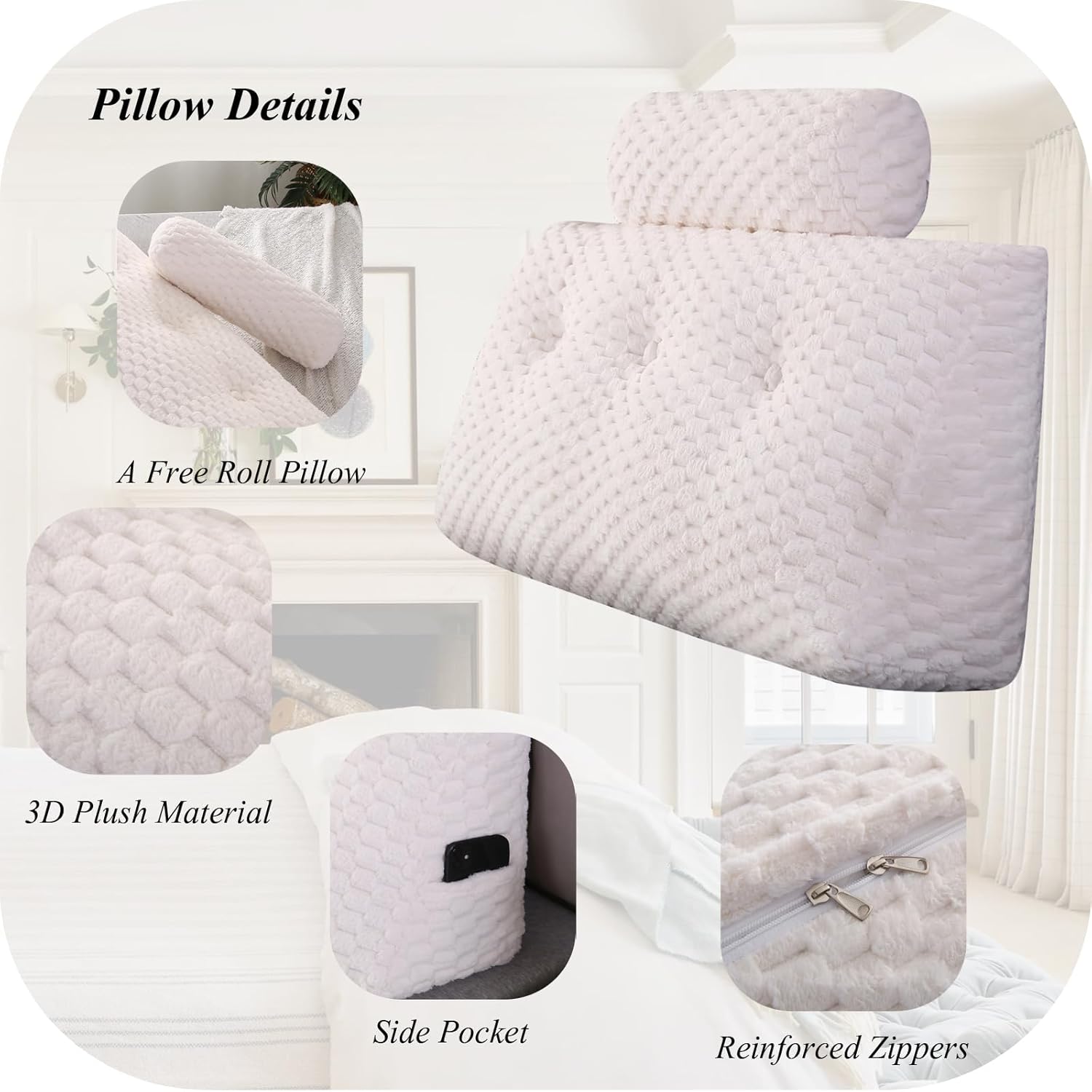 Almohadas de cuña para cabecero + 2 almohadas enrollables para cabecero, cojín grande para reposo en cama, almohadas de lectura, almohadas de