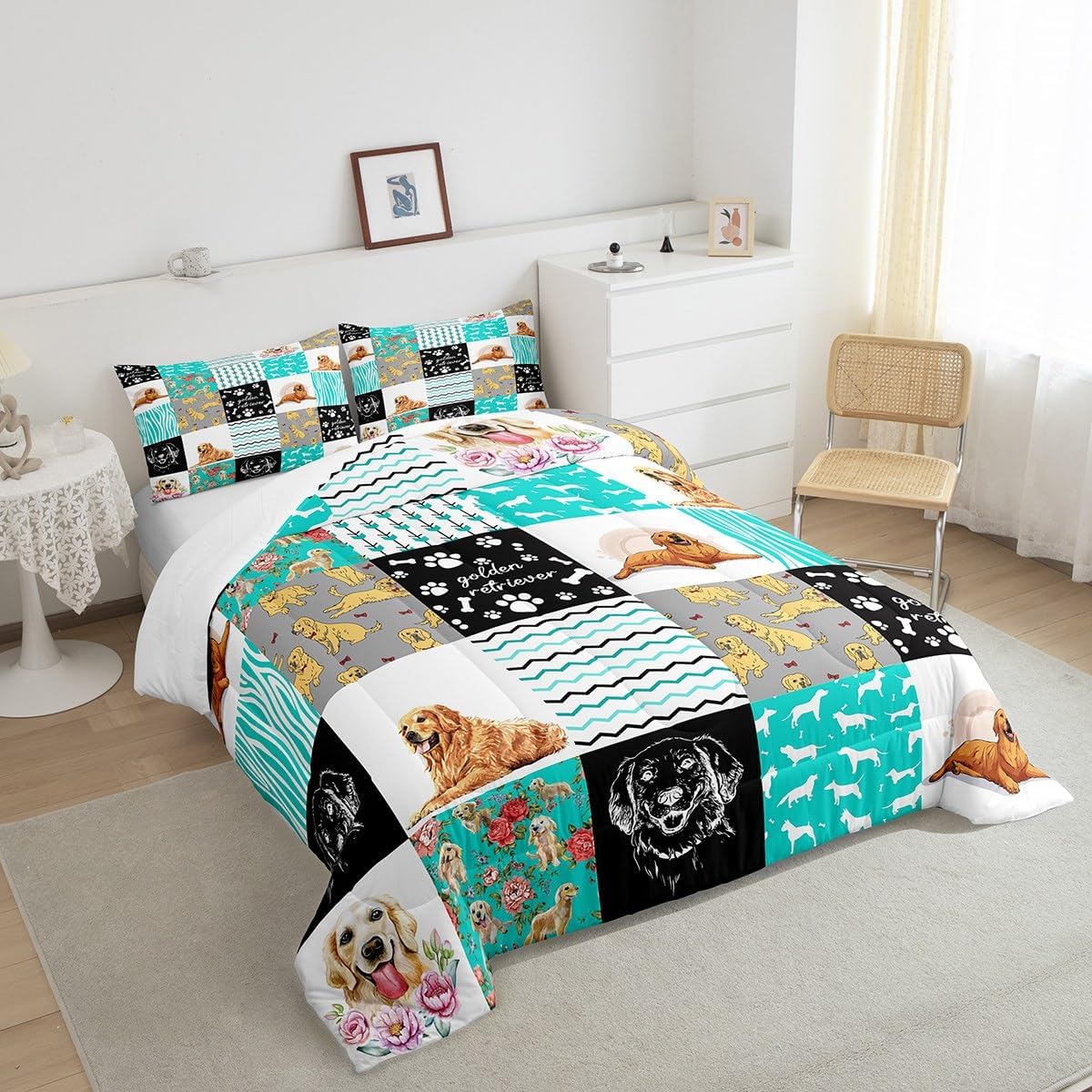 Lindo juego de edredón Golden Retriever para niños y niñas, preciosa ropa de cama para cachorros, tamaño individual, edredón Kawaii con patas de