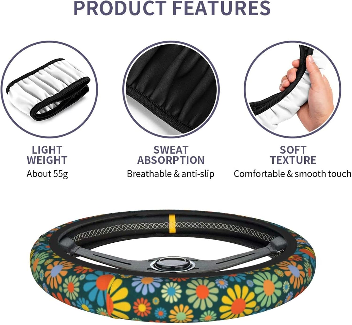 Funda universal para volante de automóvil de flores hippie de 15 pulgadas, transpirable, antideslizante, accesorios de automóvil para la mayoría de