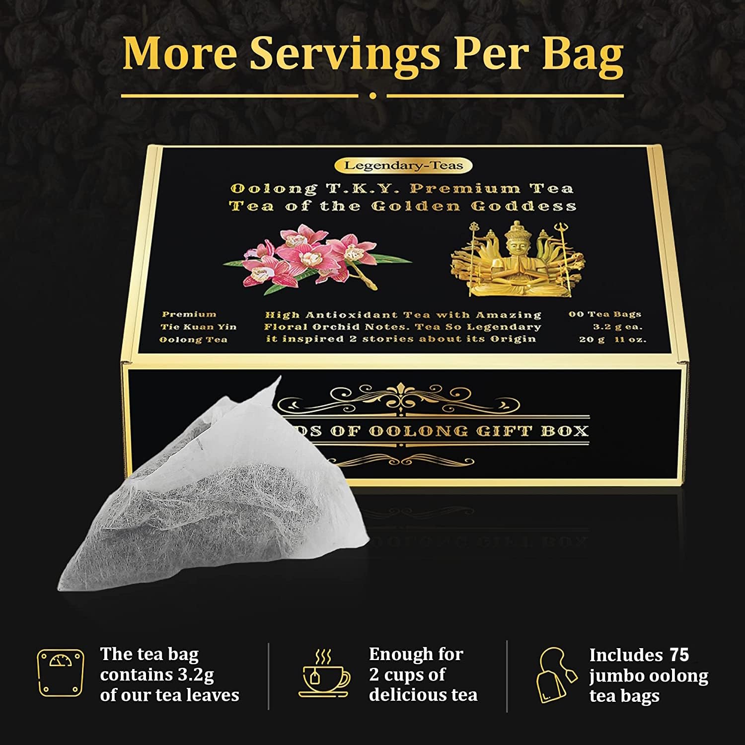 Legendary-Teas Oolong T.K.Y. – Bolsas de té piramidales selladas en bolsas de papel de aluminio (té Oolong T.K.Y, caja de 75 unidades)