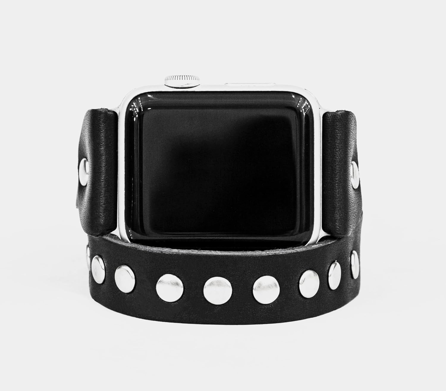 stud Leather double wrap band strap compatible with Apple watch 38mm 40mm 41mm 42mm 44mm 45mm 49mm, Handmade UA 1820 (black + steel + 7.3-8.3 in +