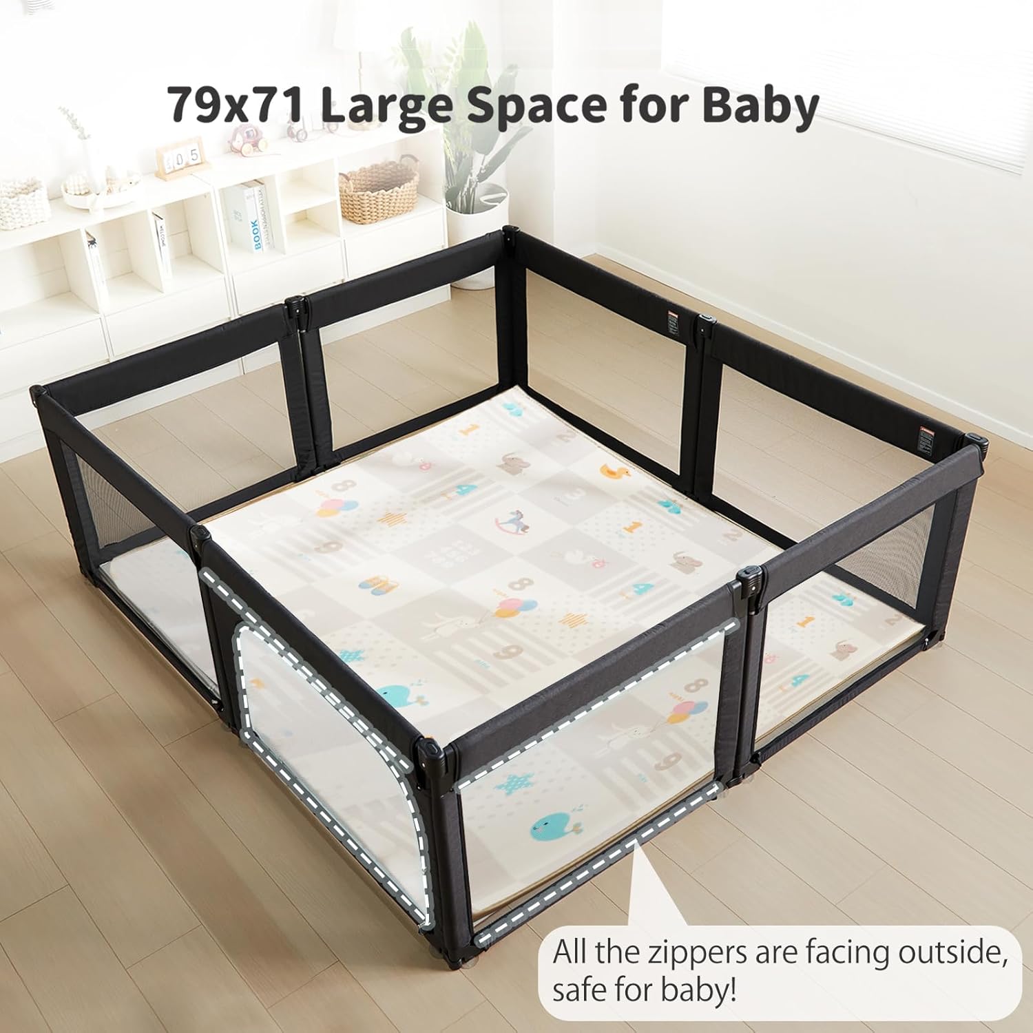 Corralito plegable y ajustable de forma y tamaño para niños pequeños, corralitos grandes de 79 x 71 pulgadas de malla de seguridad plegable para