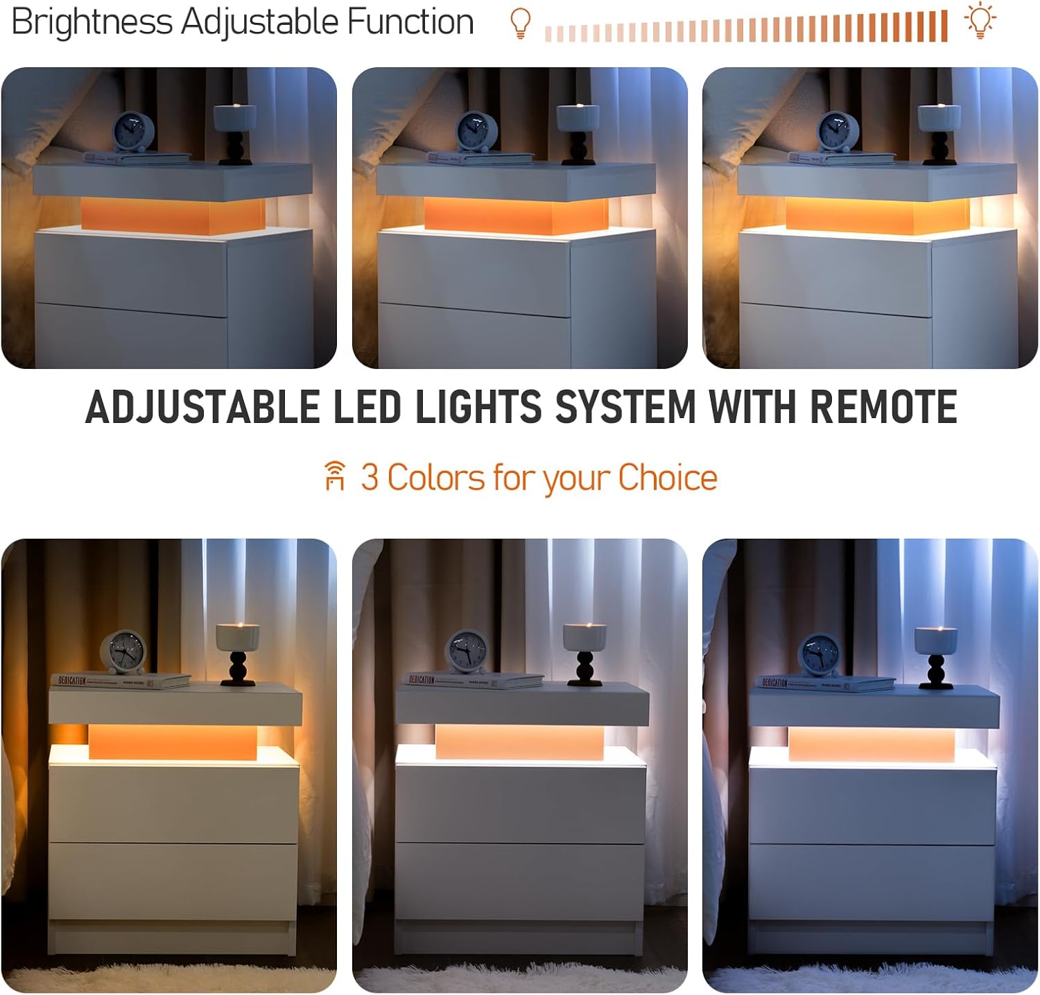 DobleCliCli Juego de 2 mesas auxiliares LED, moderna mesita de noche con 3 luces LED y 2 cajones, muebles LED para dormitorio, sala de estar y sala