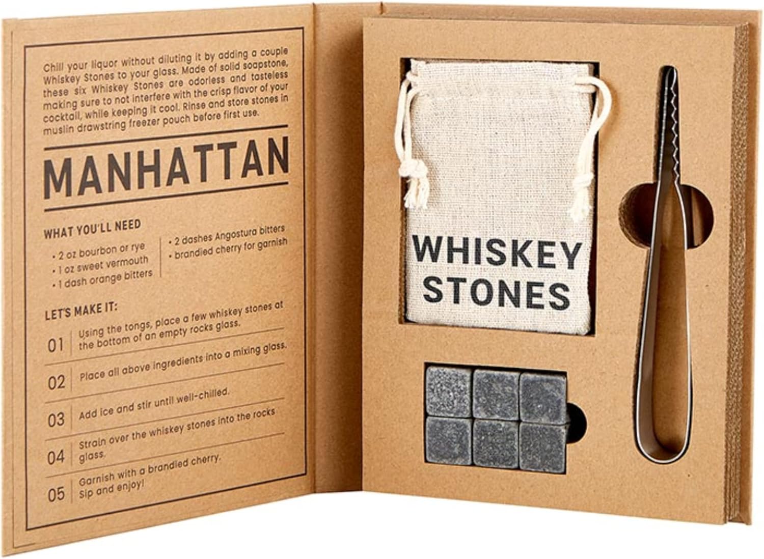 Caja de piedra de whisky premium, cubos de hielo reutilizables de acero inoxidable con pinzas y una bolsa de congelador con cordón, para papás