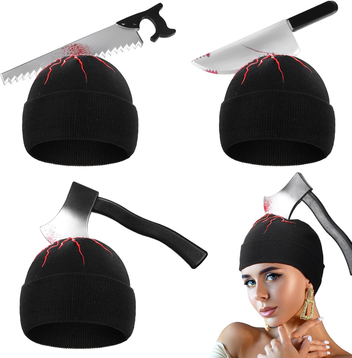 Suhine 3 piezas de sombrero de cuchillo aterrador de zombi de Halloween, accesorios de disfraz de zombi, sombrero de terror con hacha de cuchillo