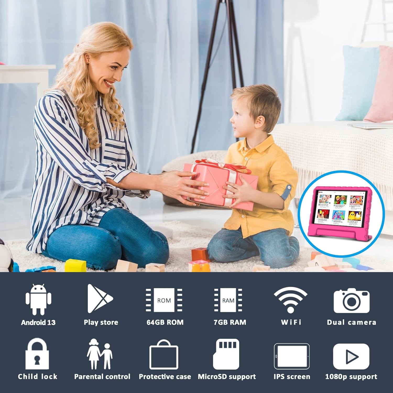 FACETEL Tableta para niños de 8 pulgadas Android 13 para niños, 7 GB de RAM, 64 GB ROM TF 512 GB, control parental, juego de rompecabezas, Bluetooth