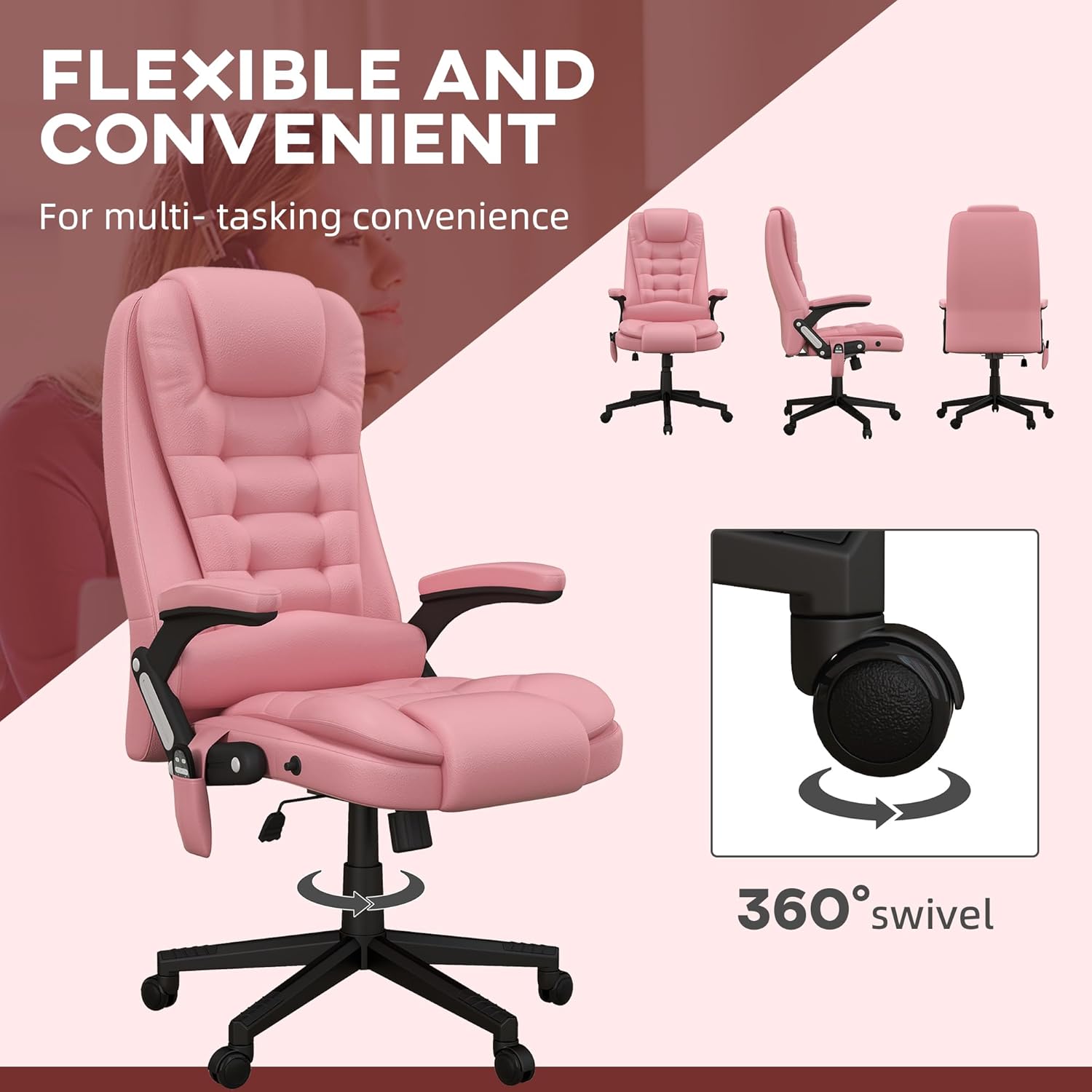 HOMCOM Silla de oficina de masaje con vibración de respaldo alto con 6 puntos de vibración, silla de computadora reclinable con calefacción de piel