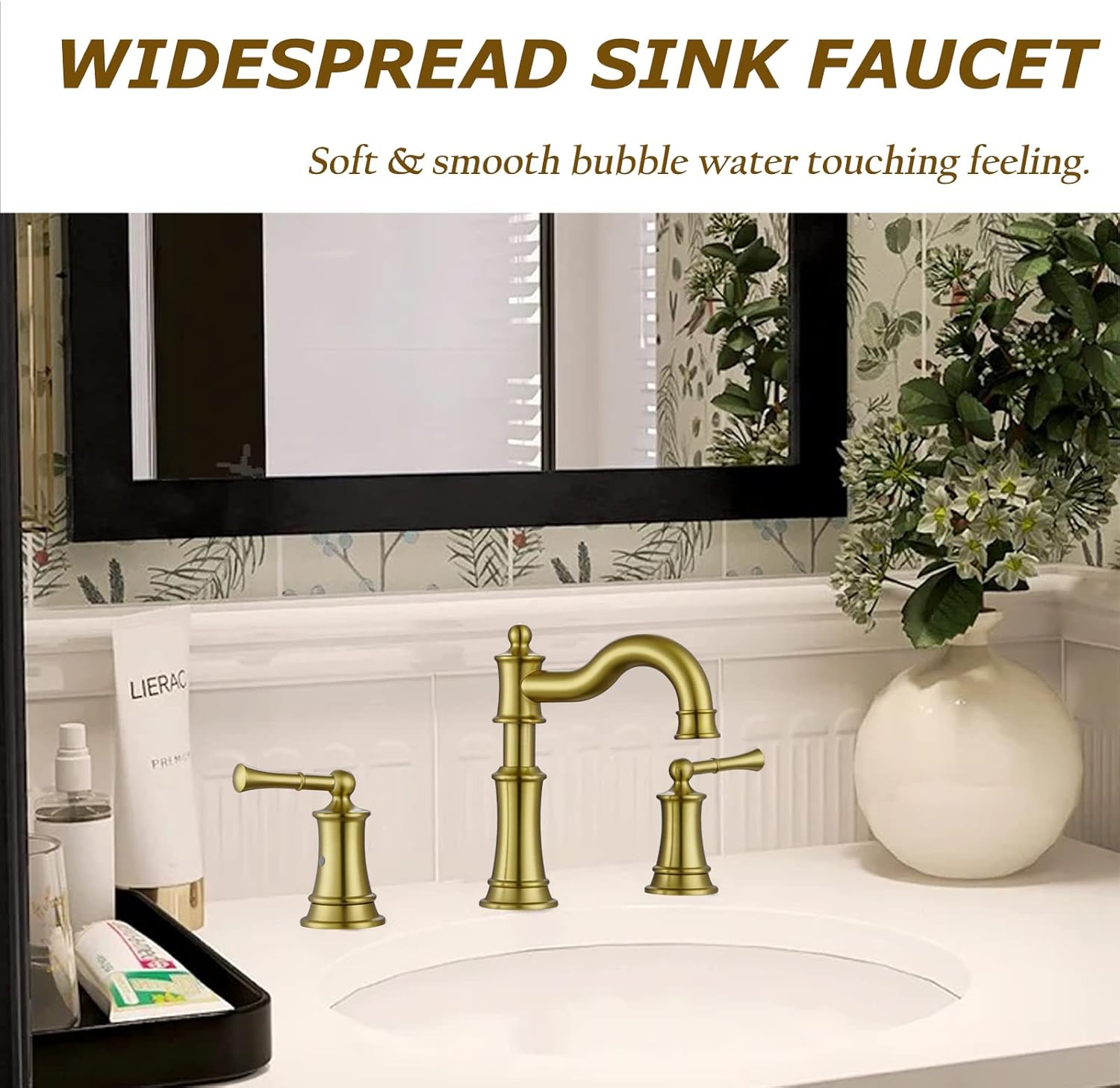 Grifo romano para fregadero de baño, 3 agujeros, oro cepillado, 2 asas, instalación generalizada de montaje en cubierta de 8 pulgadas con ensamblaje