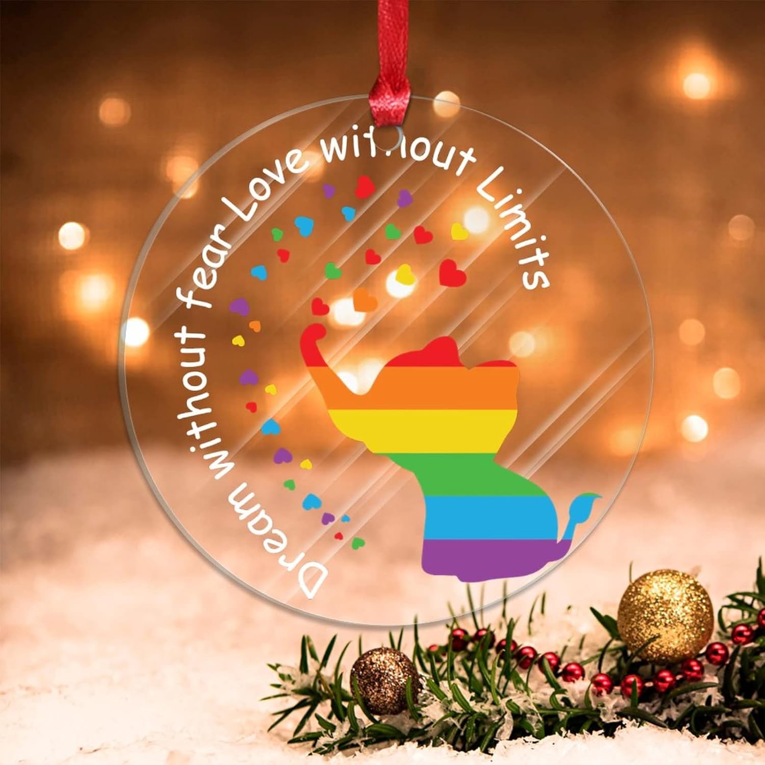 Swavecat Adornos de árbol de Navidad Sueño sin miedo Amor sin límites Adornos de elefante Gay LGBTQ Decoraciones de Navidad Arco Iris Derechos Gay