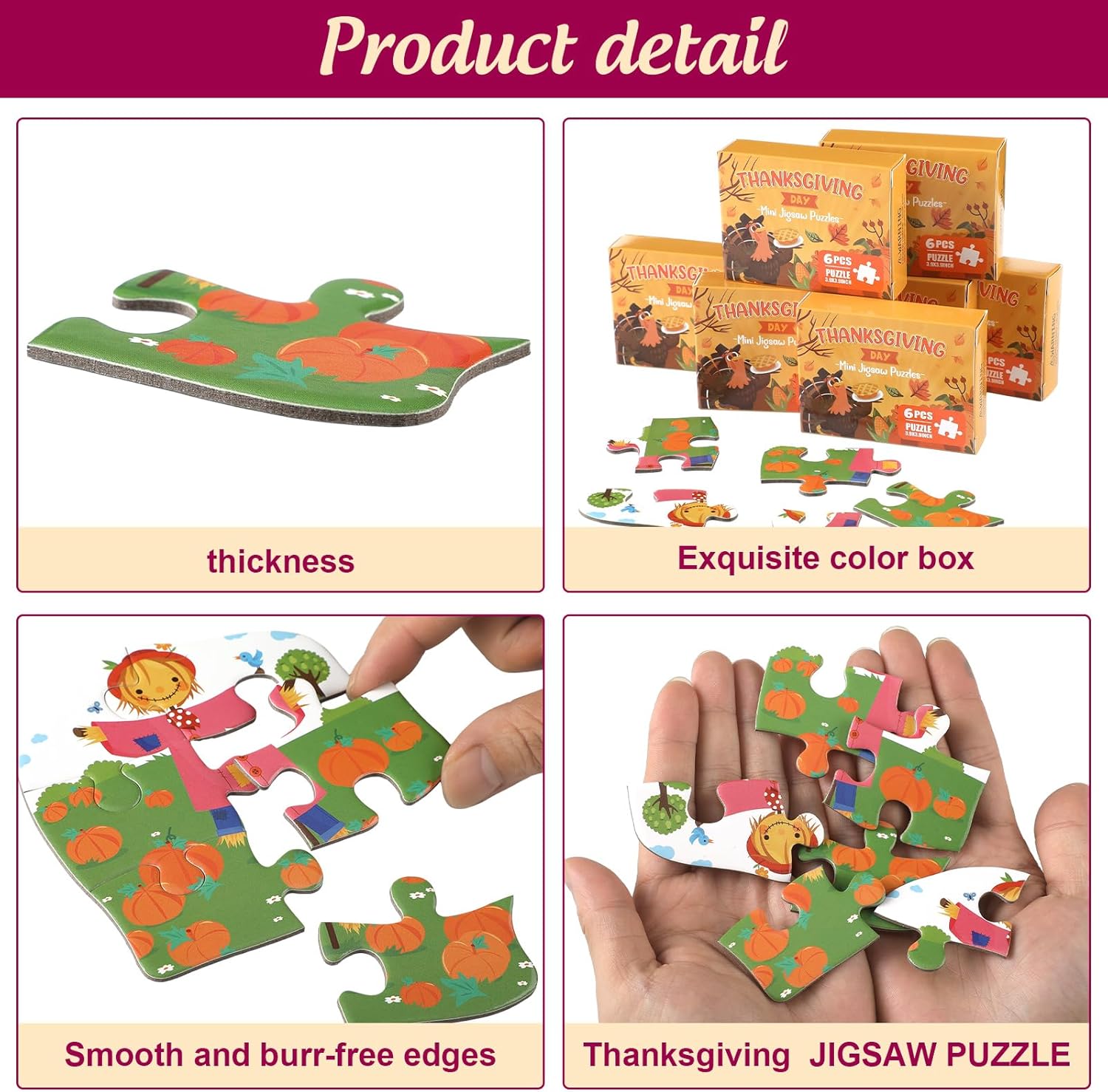 48 cajas de juegos de recuerdos de fiesta de Acción de Gracias, 6 piezas para niños, mini rompecabezas de Acción de Gracias, regalos para niños,
