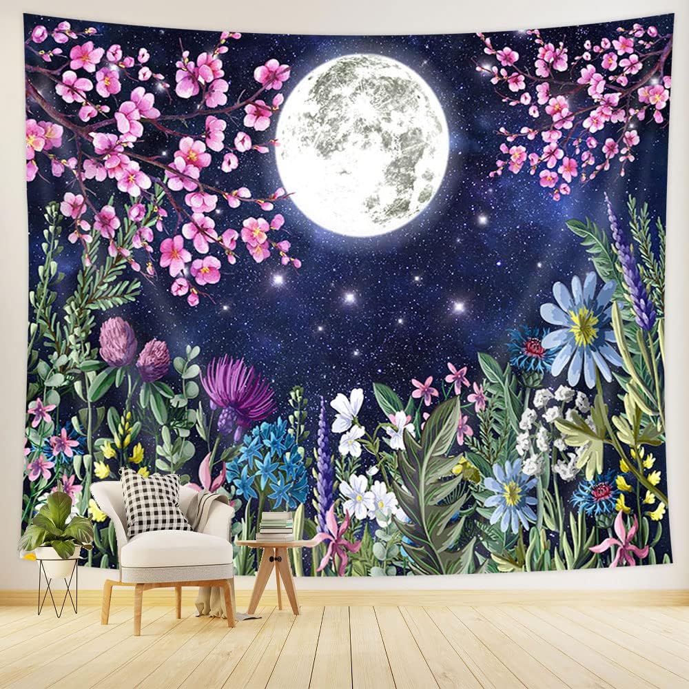 Boziqr Tapiz estético de flores de luna, cielo estrellado, tapiz floral para colgar en la pared para dormitorio, tapiz de paisaje natural,
