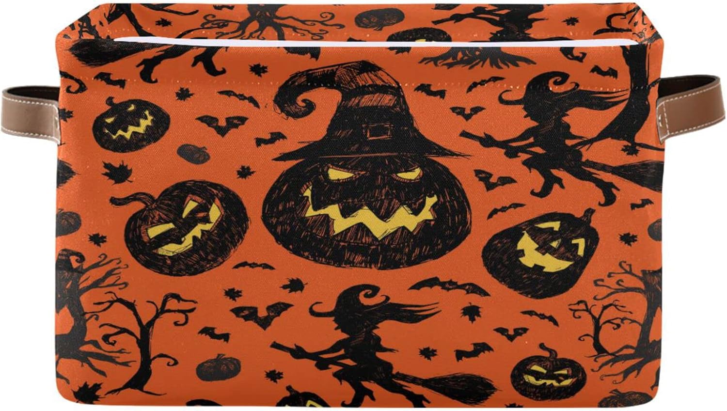 Wusikd Cesta de almacenamiento de Halloween naranja y negra, juego de 1 canasta grande de tela de calabaza y bruja, cubo con asas, plegable, estante