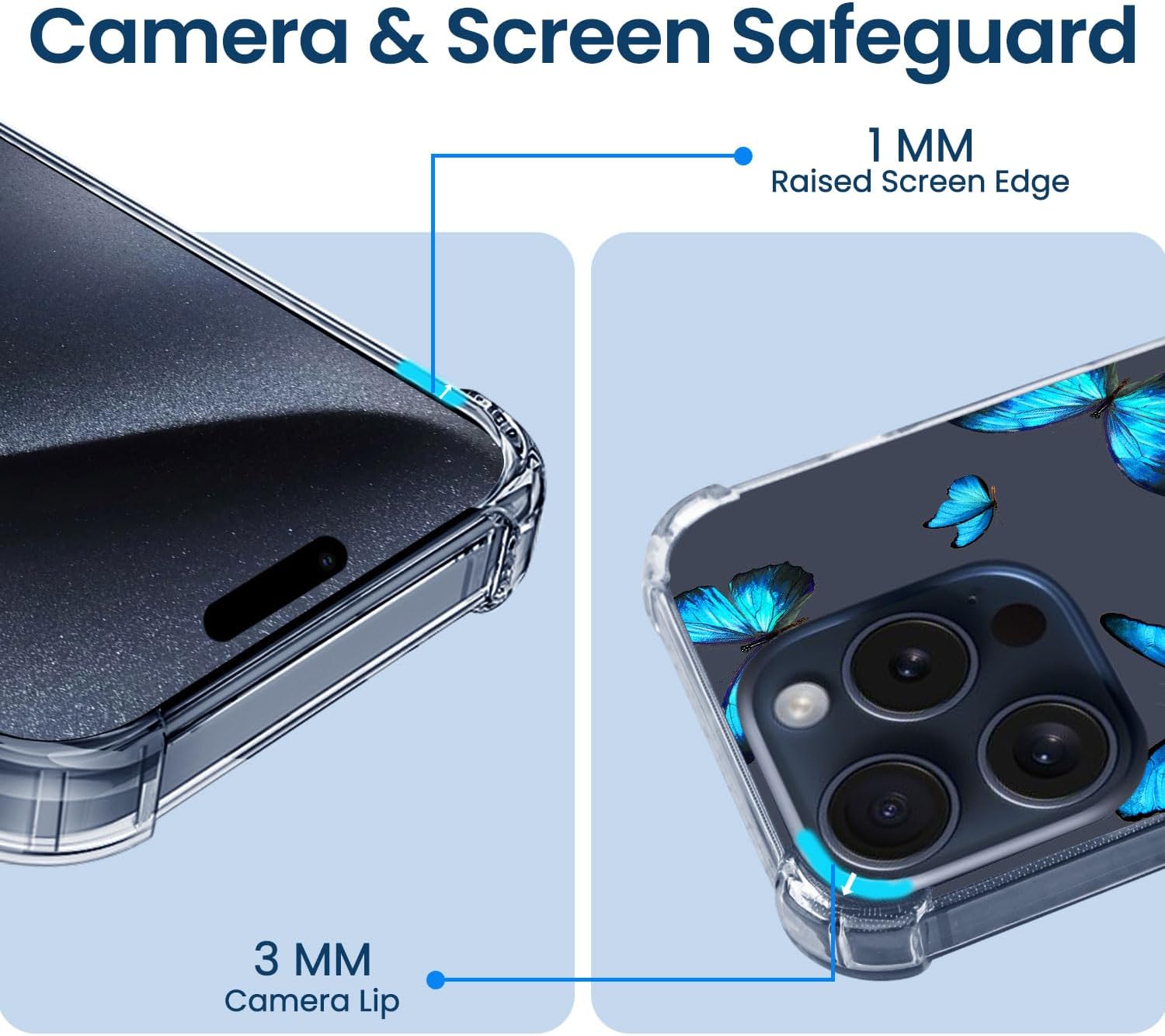 Hi Space Funda para iPhone 15 Pro de 6.1 pulgadas 2023, diseño de mariposas azules transparentes para iPhone 15 Pro para mujeres y niñas, patrón de