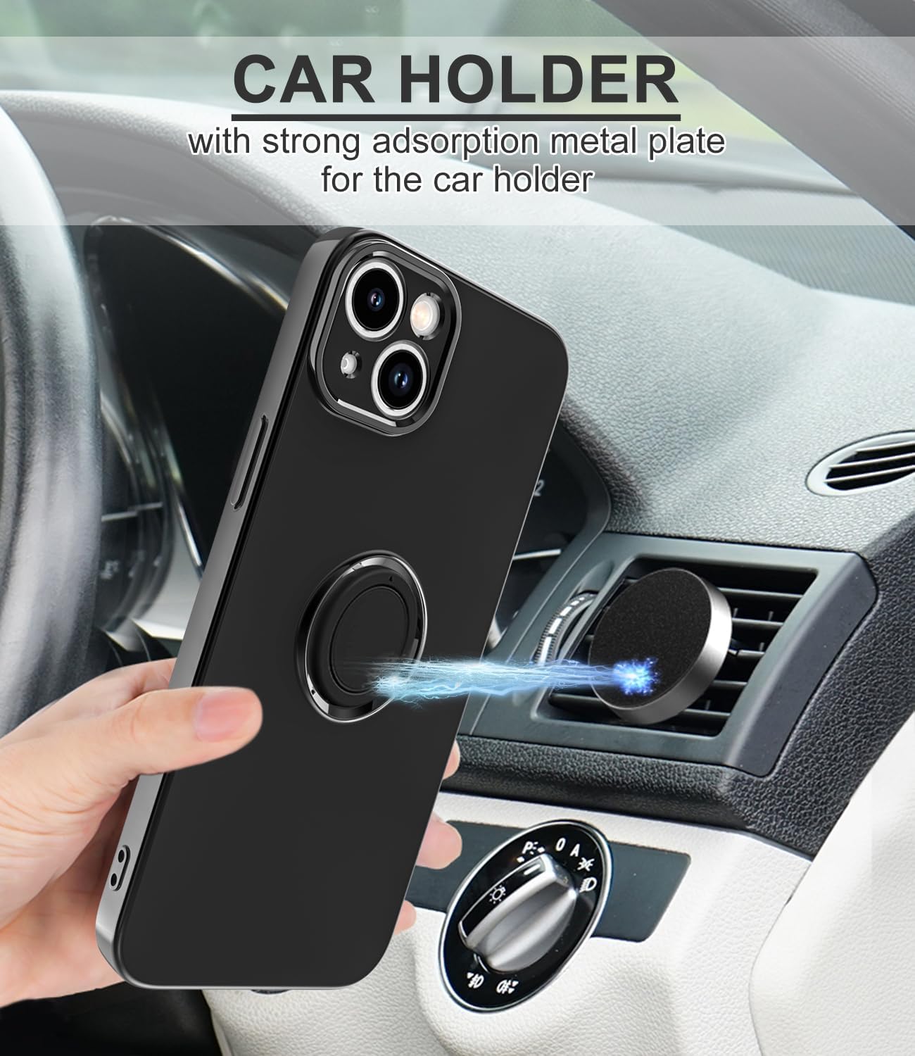 Funda para iPhone 15 Plus con cubierta de anillo forro interior de microfibra soporte de anillo giratorio de 360 Soporte magnético para automóvil