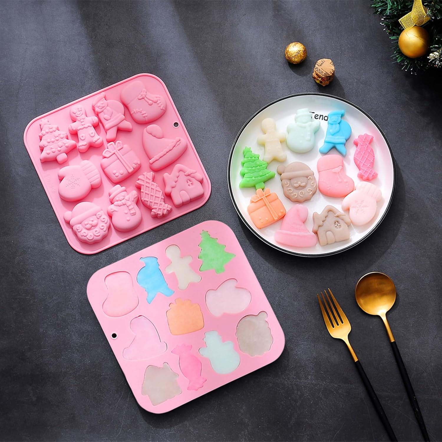 Paquete de 3 moldes de silicona de Navidad para hornear, moldes de silicona para Navidad, moldes de jabón para chocolate, gelatina, muñeco de nieve,