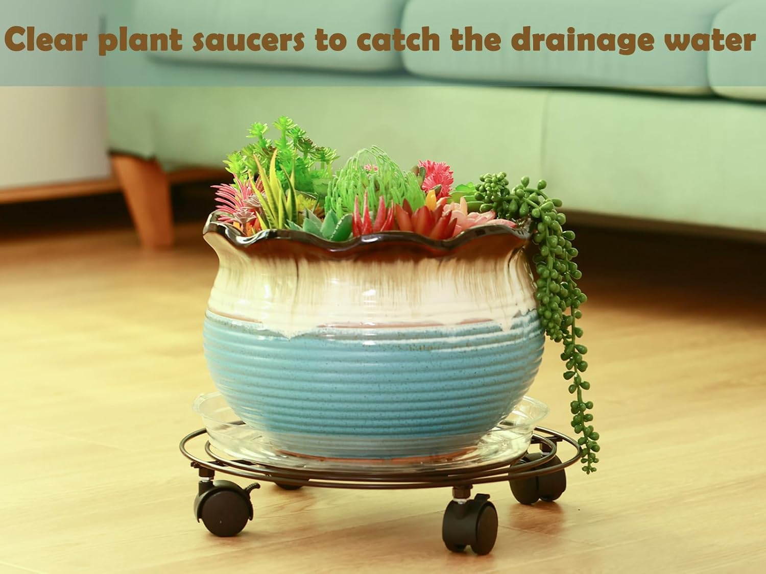 Paquete de 5 soportes grandes de metal para plantas de 13.8 pulgadas con ruedas de hierro forjado de alta resistencia con ruedas para interiores y