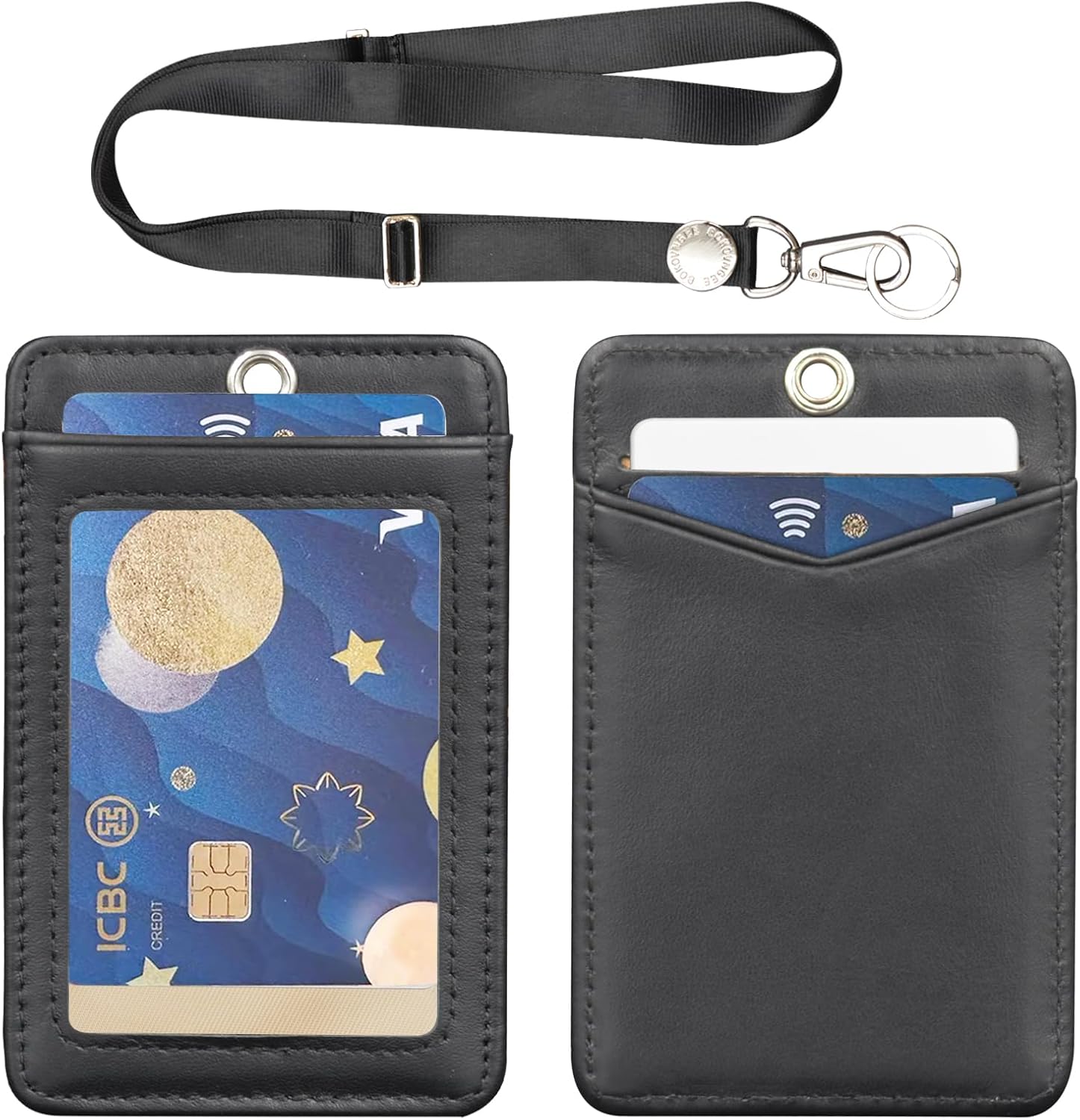 BOKOVNGEE Soporte para tarjetas de identificación con cordón de nailon negro de longitud ajustable y llavero de metal, soporte vertical de piel de