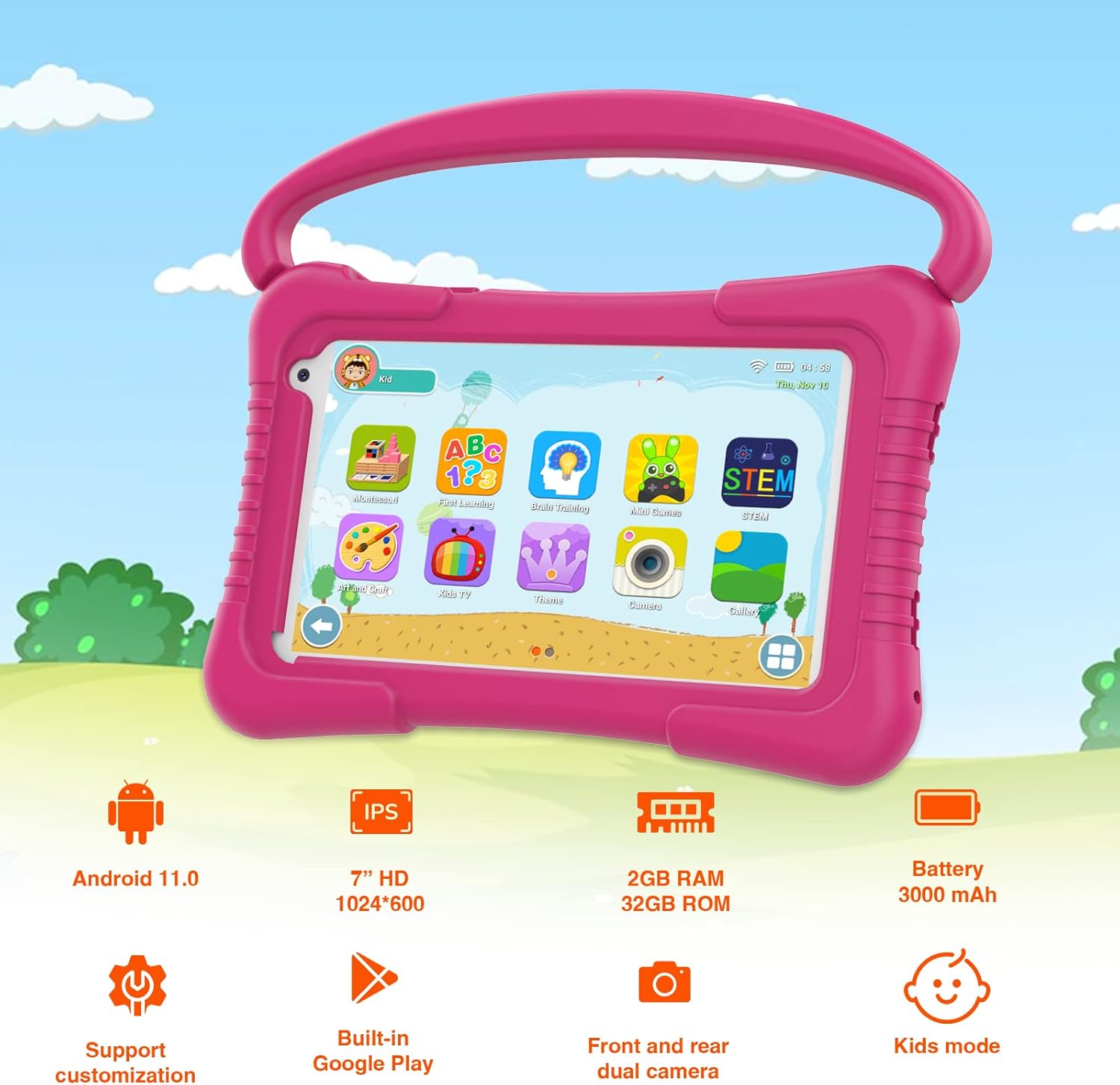 Tableta para niños de 7 pulgadas para niños con WiFi, doble cámara, tableta para niños pequeños de 32 GB, Android 11 con control parental, a prueba