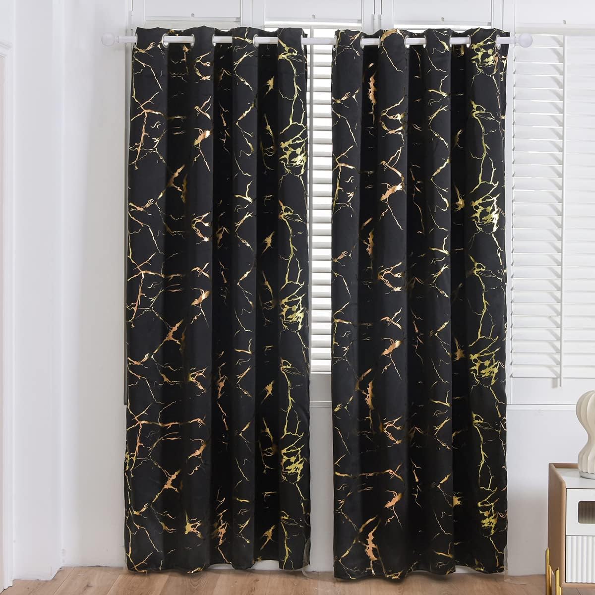 Holawakaka Cortina opaca con ojales de mármol con purpurina metálica dorada para sala de estar, dormitorio, habitación de invitados, decoración del
