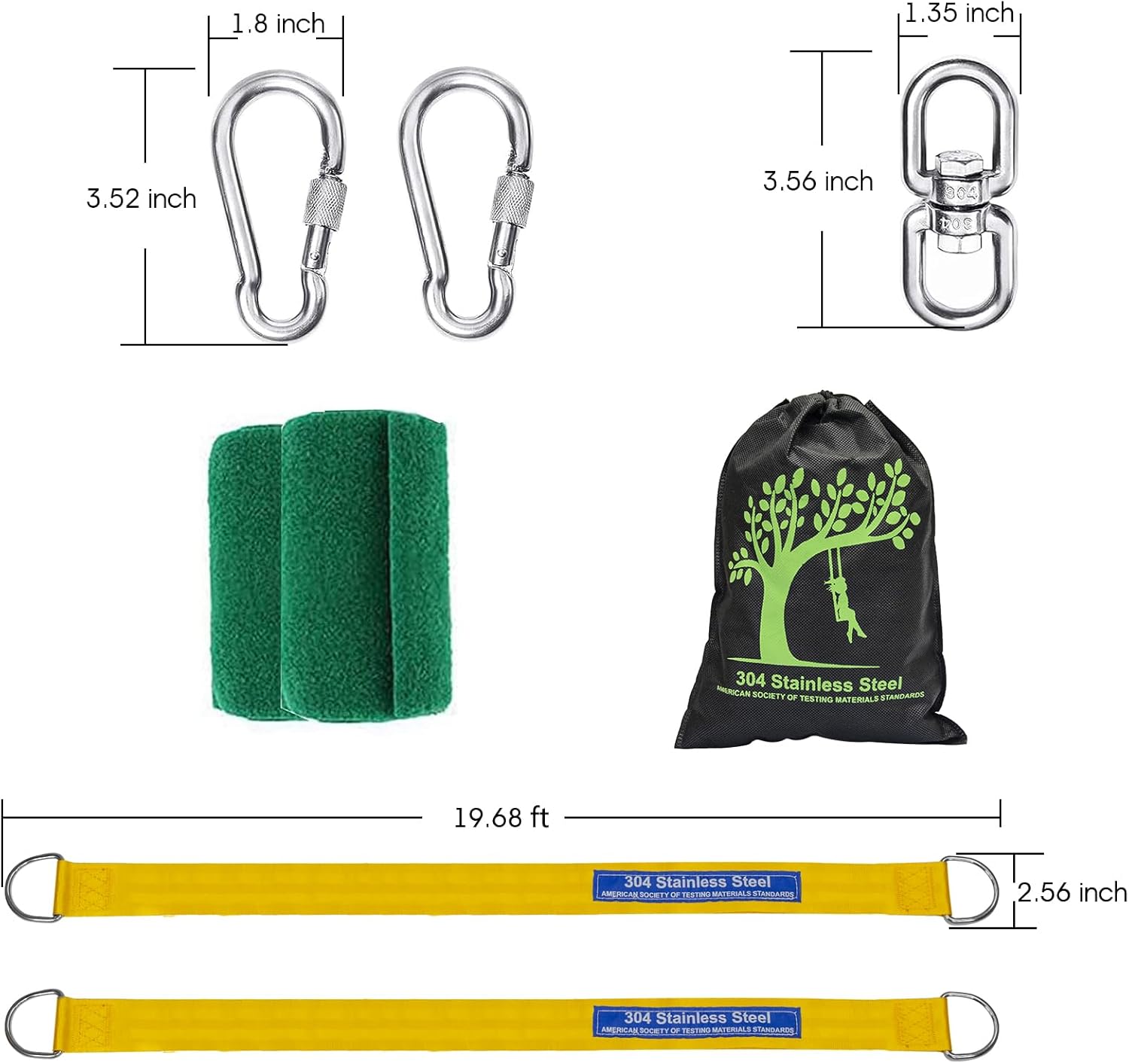 Kit de correas de columpio para árbol seguro con dos mosquetones de aleación, resistencia a la rotura de 2,200 libras, instalación fácil y rápida