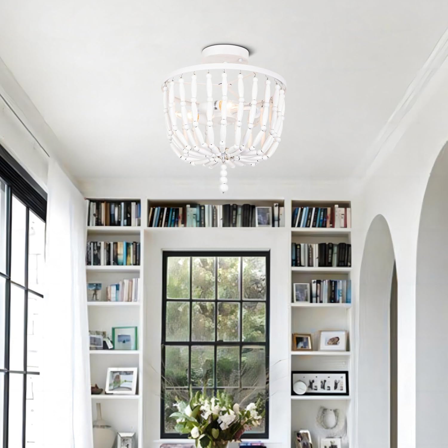 Lámpara de techo con cuentas de madera, estilo bohemio, 3 luces, semiempotrada, lámpara de techo blanca para sala de estar, dormitorio, guardería,