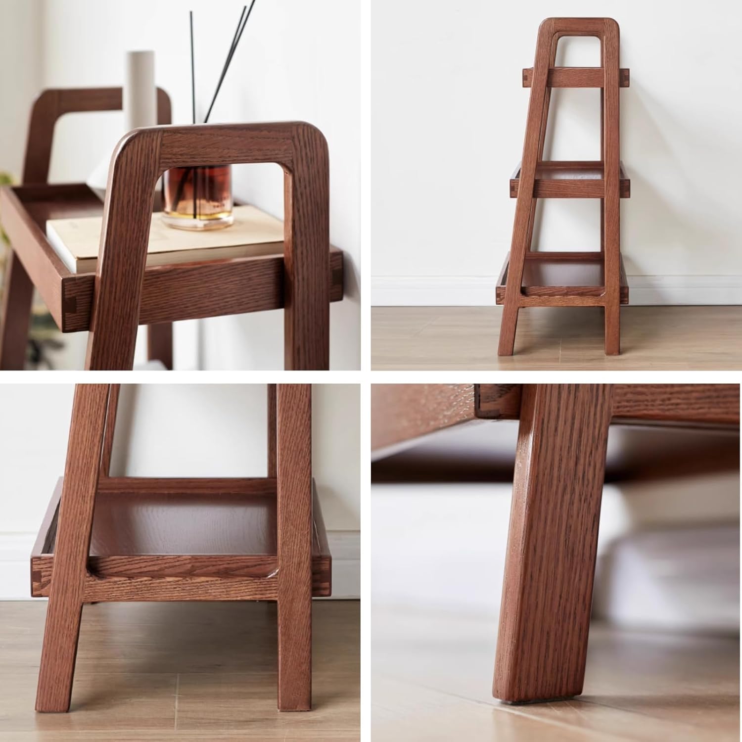 Vadisun Estantería de escalera de madera de roble macizo 100%, estantería de almacenamiento de piso con diseño de deflector de cuatro lados, mesa