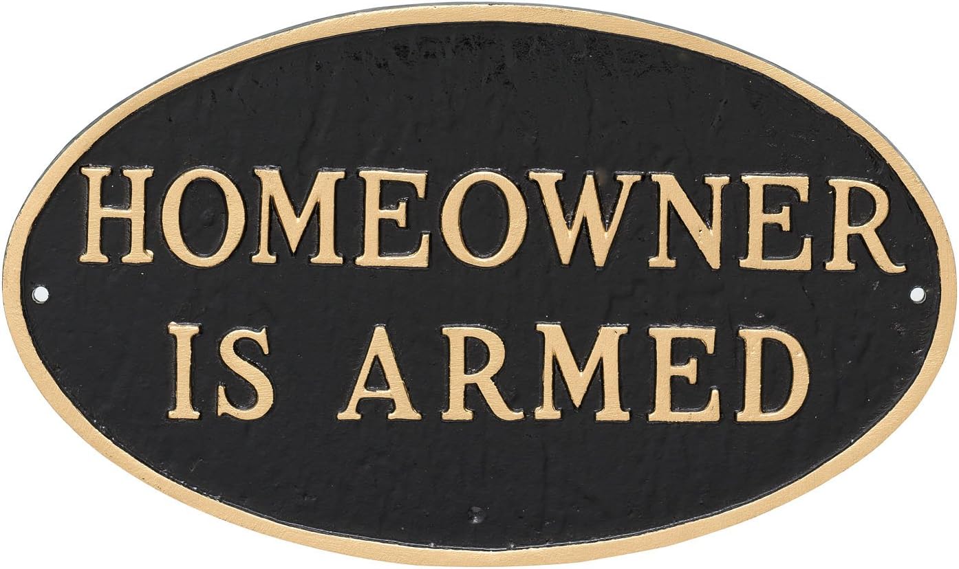 Placa ovalada de metal fundido para el propietario de casa con diseño de armado – Placa de exhibición de pared o césped – Letrero de seguridad para