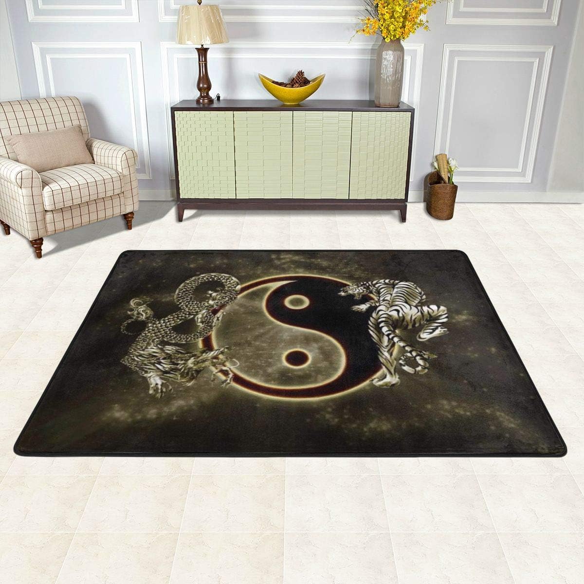 KiuLoam Alfombra antideslizante de Yin Yang chino con tigre de dragón para sala de estar, dormitorio, tapete para decoración del hogar, 3 x 2 pies