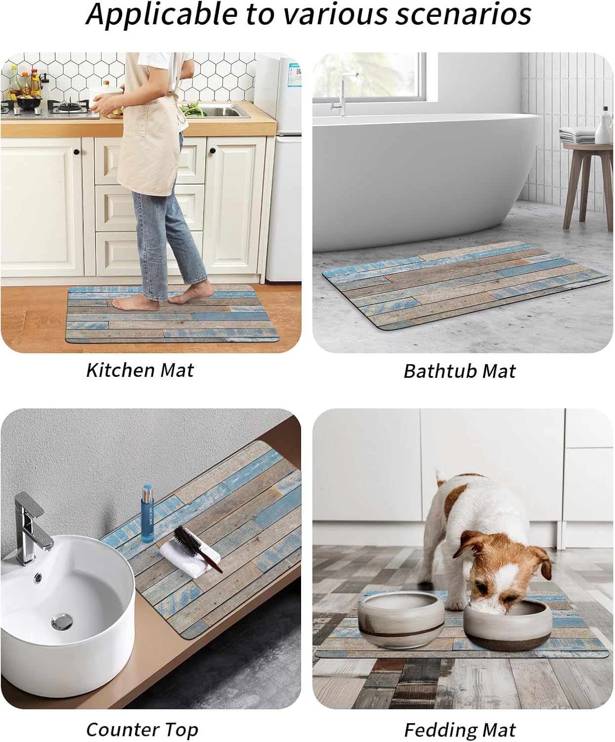Tapete de baño de diatomeas, estilo retro campestre azul y marrón, tablón de madera, grano de madera, tapete delgado absorbente de baño de secado