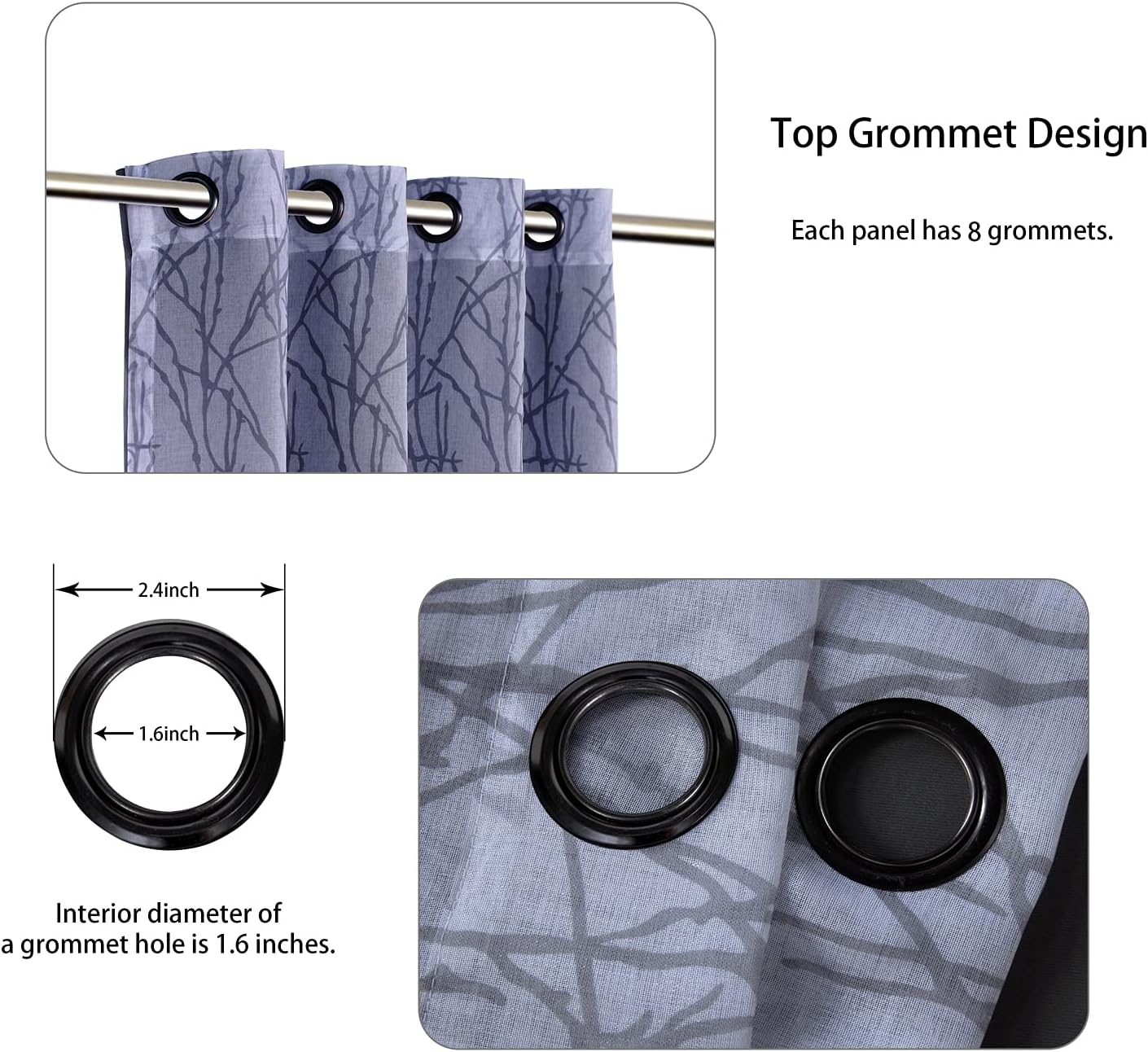 BONZER – Cortinas para combinar – 2 cortinas transparentes con impresión de rama y 2 cortinas opacas para dormitorio, sala de estar, ventana, 54×84