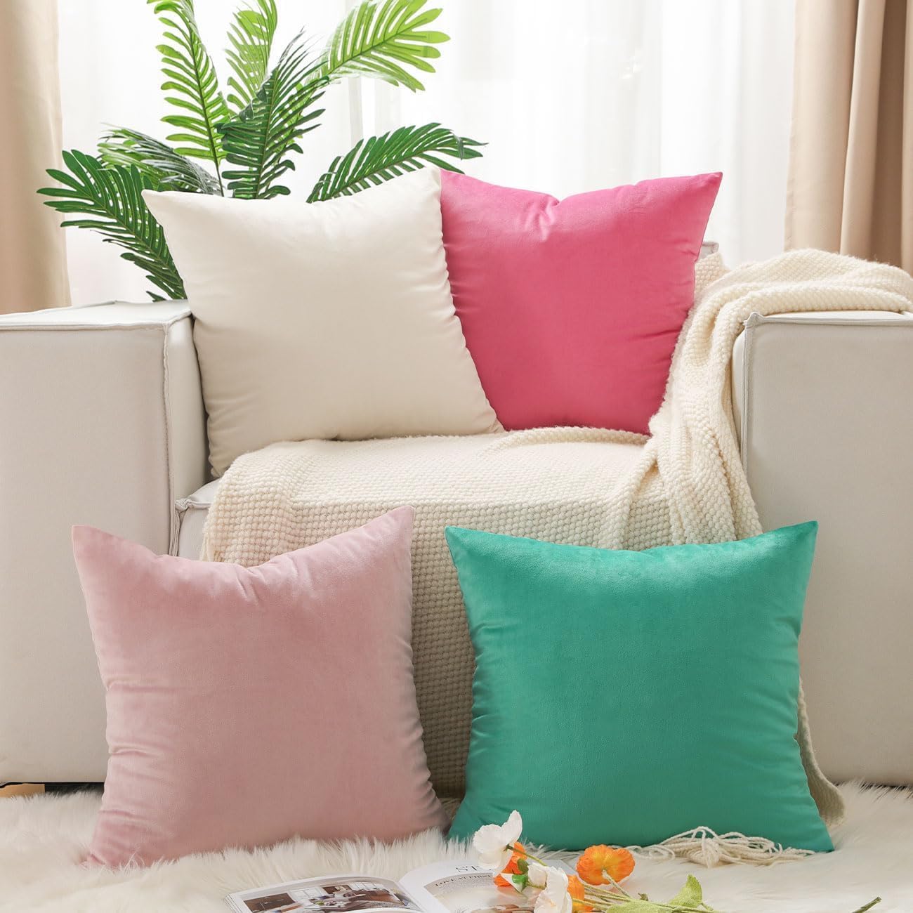 Fundas de almohada de terciopelo de 18 x 18 pulgadas, juego de 4 fundas de almohada cuadradas a juego suaves y multicolor modernas de color sólido
