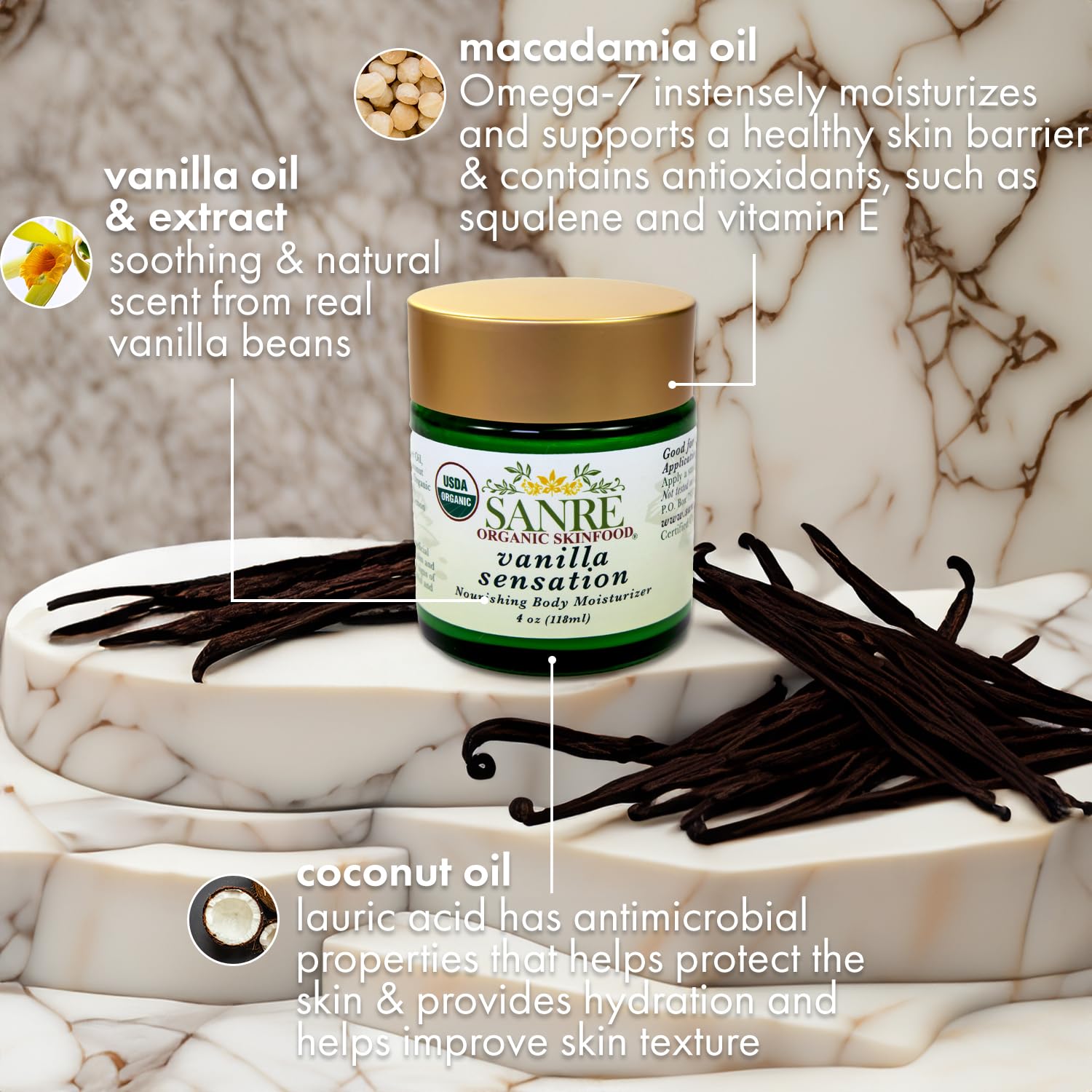 Sensación de vainilla – Hidratante corporal nutritiva orgánica 100% USDA para todo tipo de piel – Sin SPF