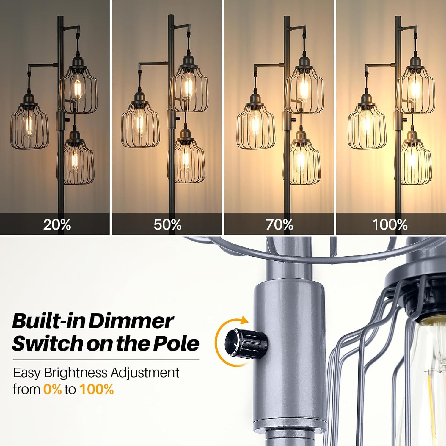Lámpara de pie con 3 bombillas LED de edición, lámpara de pie alta de granja para sala de estar, regulable industrial rústico gris, árbol brillante,