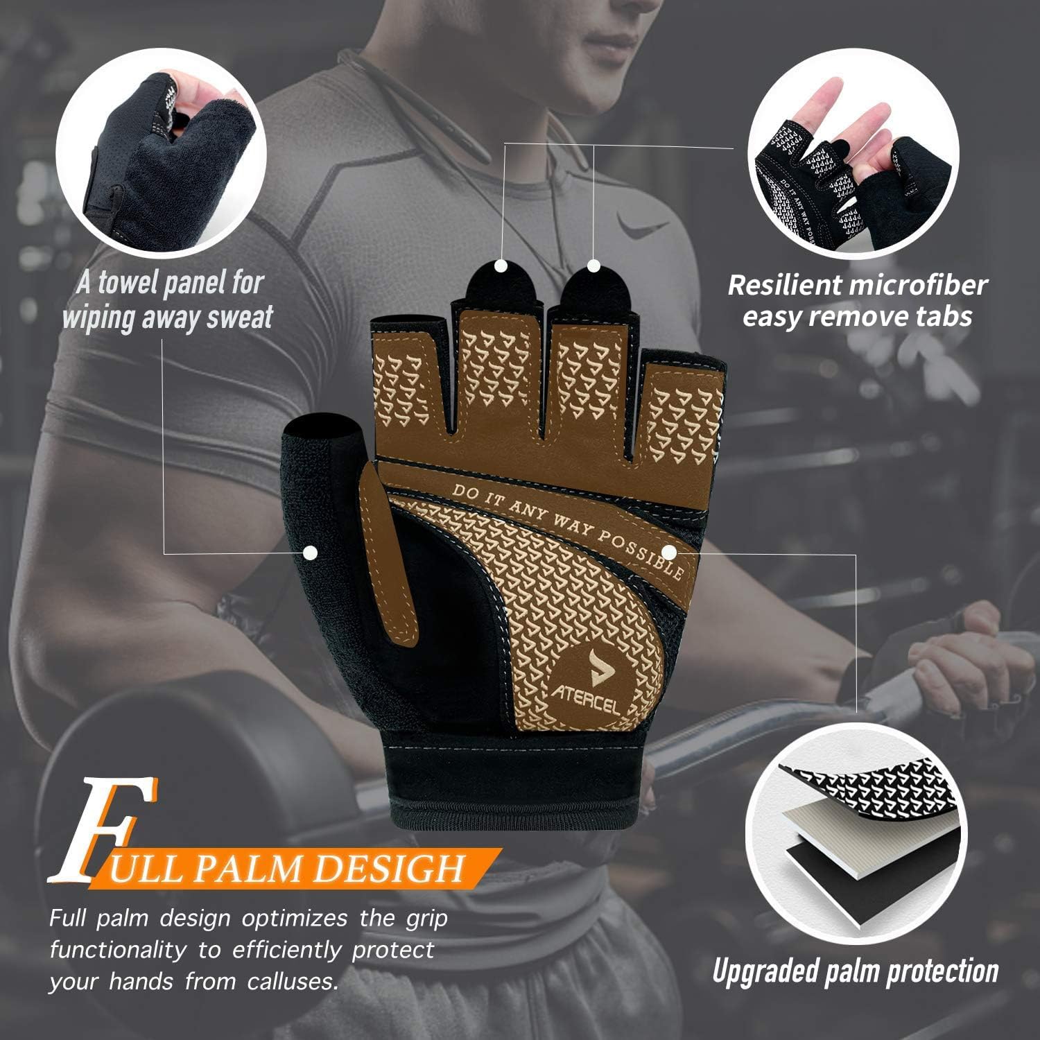 ATERCEL Guantes de levantamiento de pesas, protección completa de la palma de la mano, guantes de entrenamiento para gimnasio, ciclismo, ejercicio,