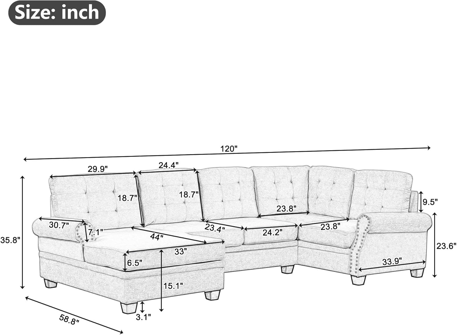 Sofá modular moderno en forma de U de 120 pulgadas, sofá tapizado de tela de lino para sala de estar y dormitorio, muebles grises elegantes