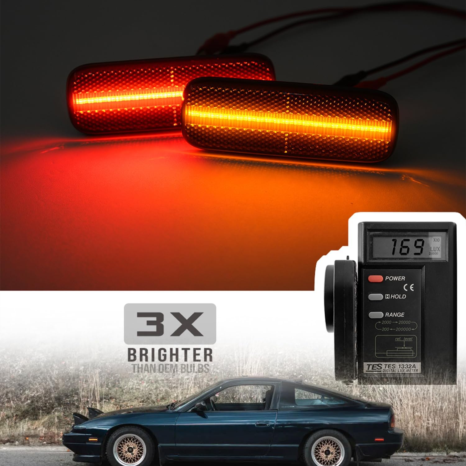 Luces LED de posición laterales de repuesto para Ni’ssan 240SX S13 1989-1994 ámbar delanteras y traseras rojas luces de señal laterales rojas lente