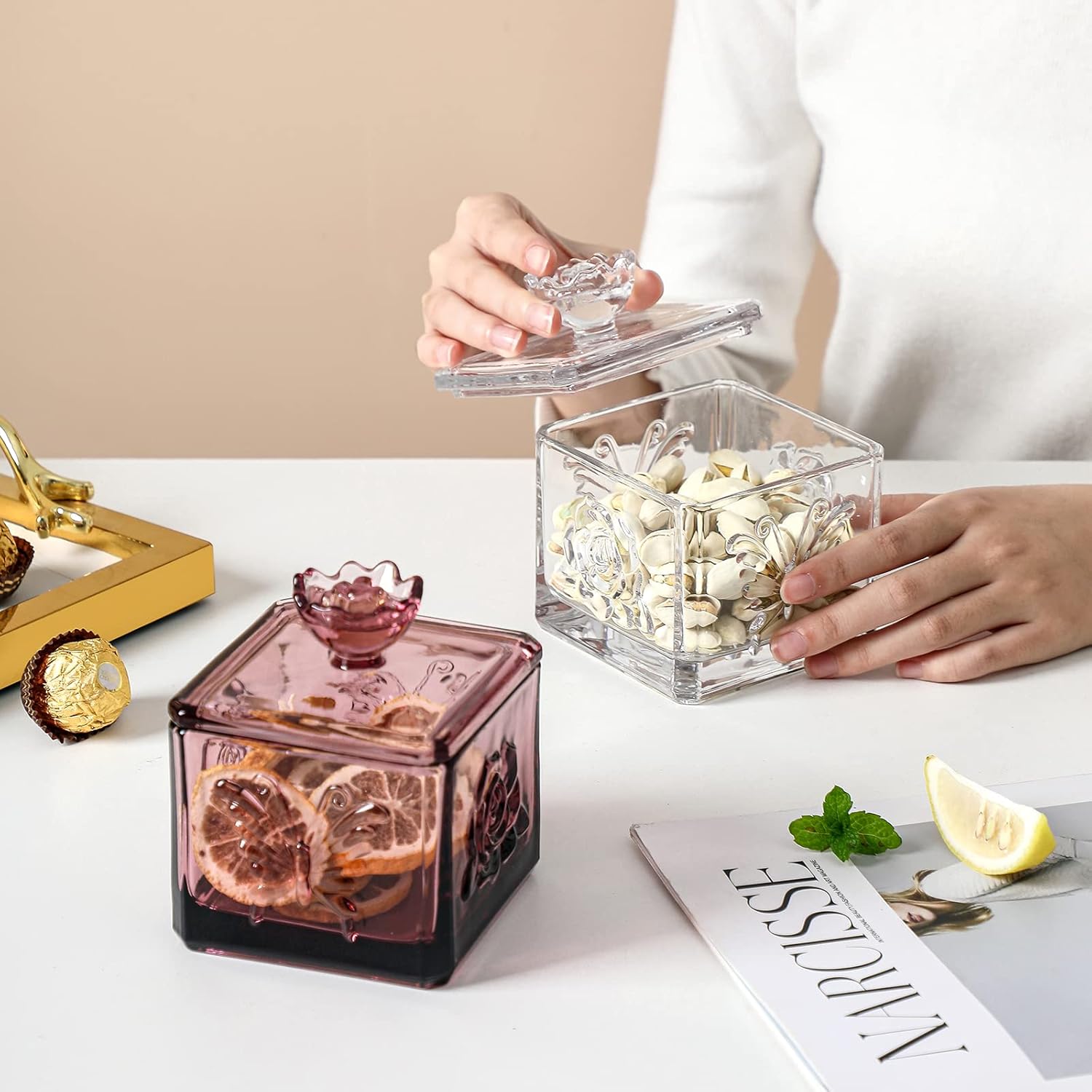 Tarro de cristal en relieve con tapa, juego de 2 joyeros decorativos coloridos, para boda, dulces, bufé, tarro de almacenamiento de cocina, para