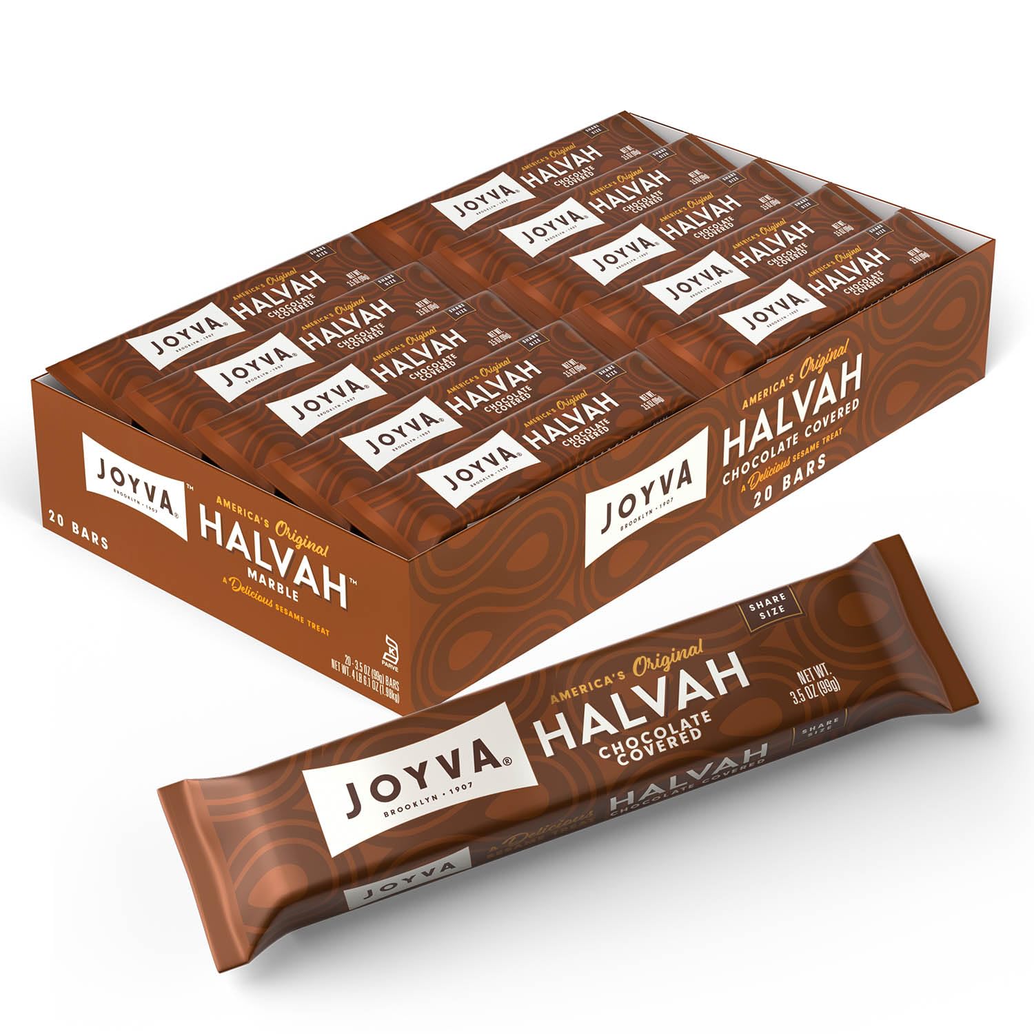 Joyva Halvah – Cubierta de chocolate, paquete de 20 unidades de 3.5 onzas, una deliciosa golosina de sésamo  Sin lácteos, sin gluten y Kosher Parve