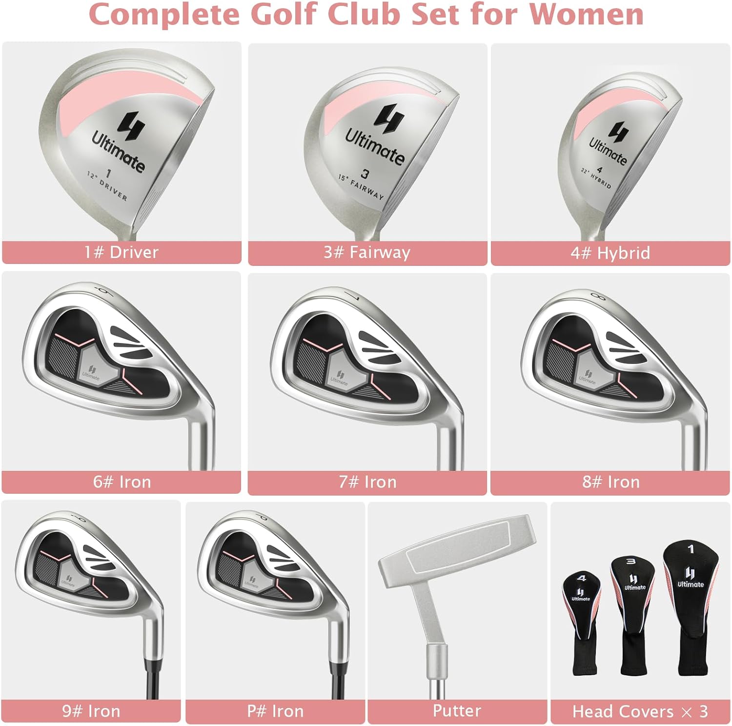 Goplus Juego completo de palos de golf para mujer, 9 piezas de palos de golf con conductor #1, 3 calles, 4 híbridos, 6 & #7 & #8 y #9 y #P hierros,