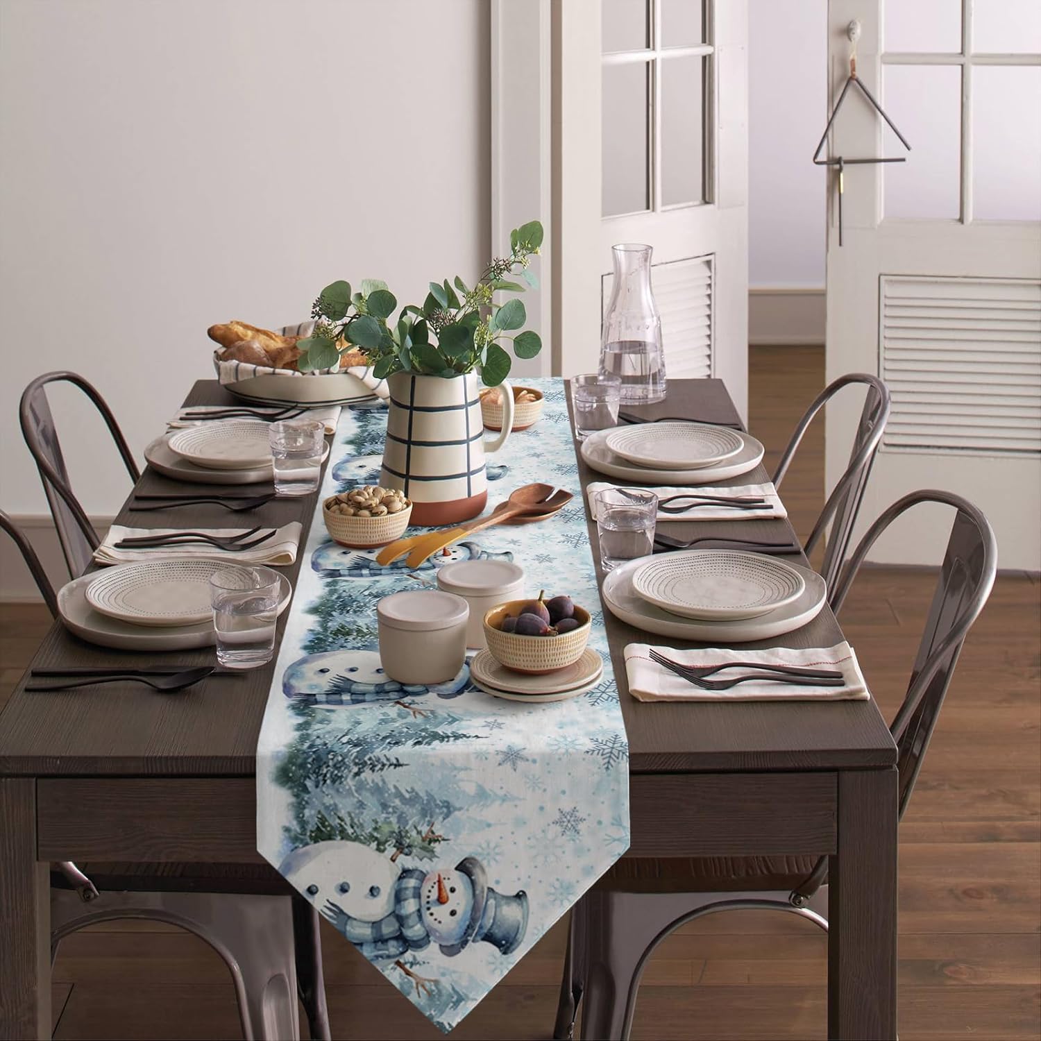 Camino de mesa navideño de invierno, lindo muñeco de nieve, acuarela, árbol de Navidad, bufanda, decoración de mesa para el hogar, cocina, comedor,