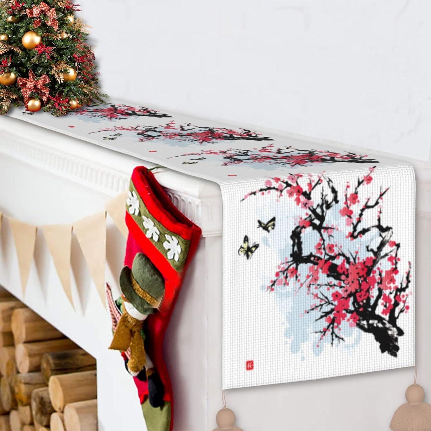 Camino de mesa de Navidad con ramas de cerezo, decoración de mesa de comedor, decoración de Navidad, decoración de interiores del hogar, caminos de