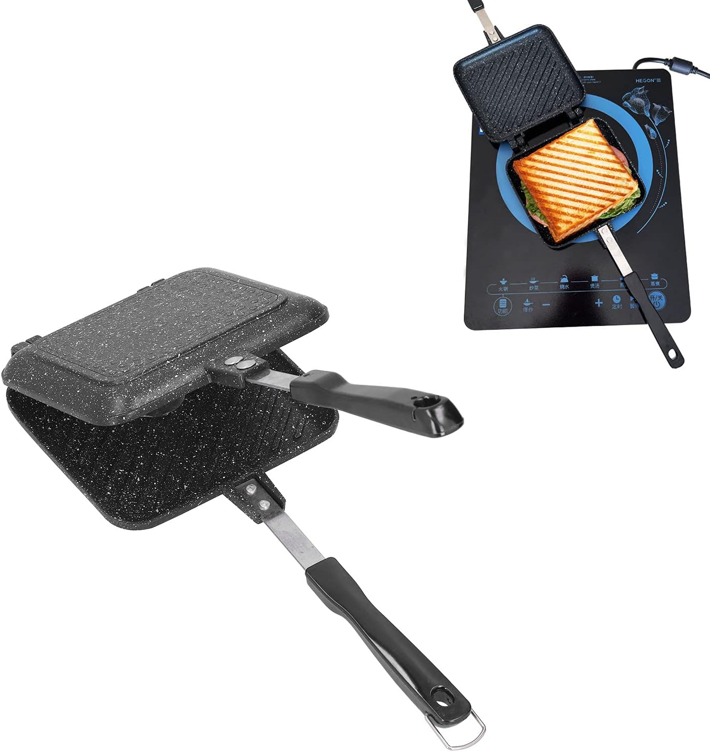 Sartén antiadherente de doble cara con asa, sandwichera, sartén antiadherente de queso a la parrilla de aluminio para desayuno, estufa de gas o