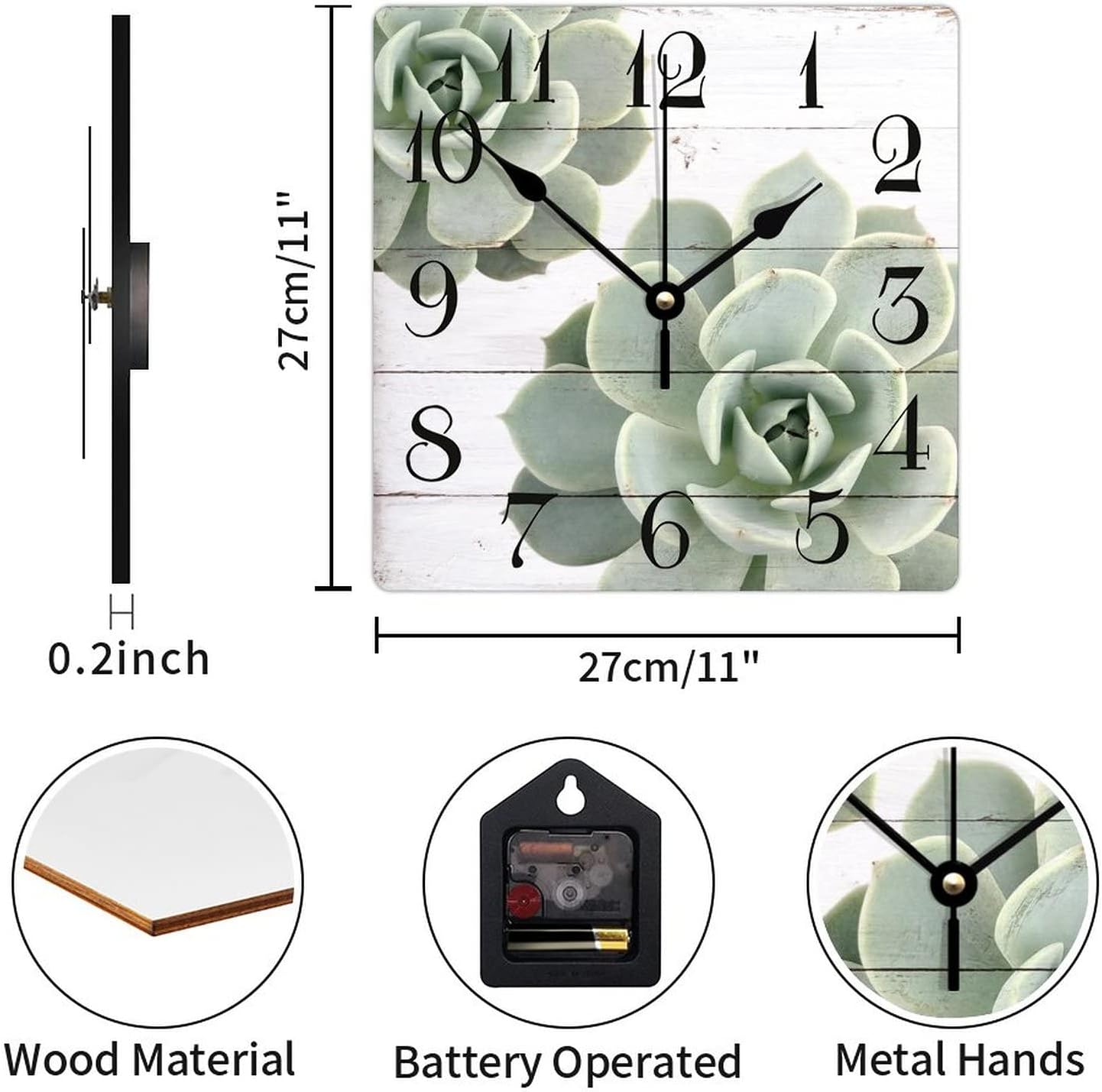 Reloj de pared cuadrado de madera con plantas suculentas, duradero, funciona con pilas, reloj de pared de madera antigua para dormitorio, cocina,
