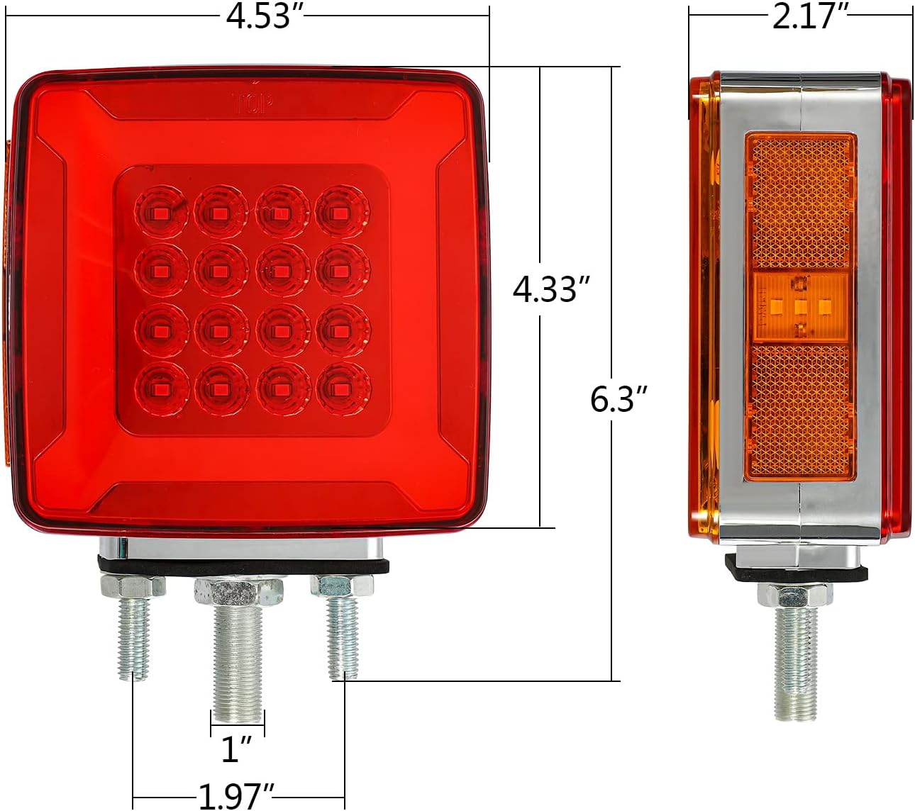 Partsam Par de doble cara cuadrada pedestal guardabarros luces intermitentes Halo Glow Triple Stud, ámbar  rojo cuadrado 47 LED marcador de parada