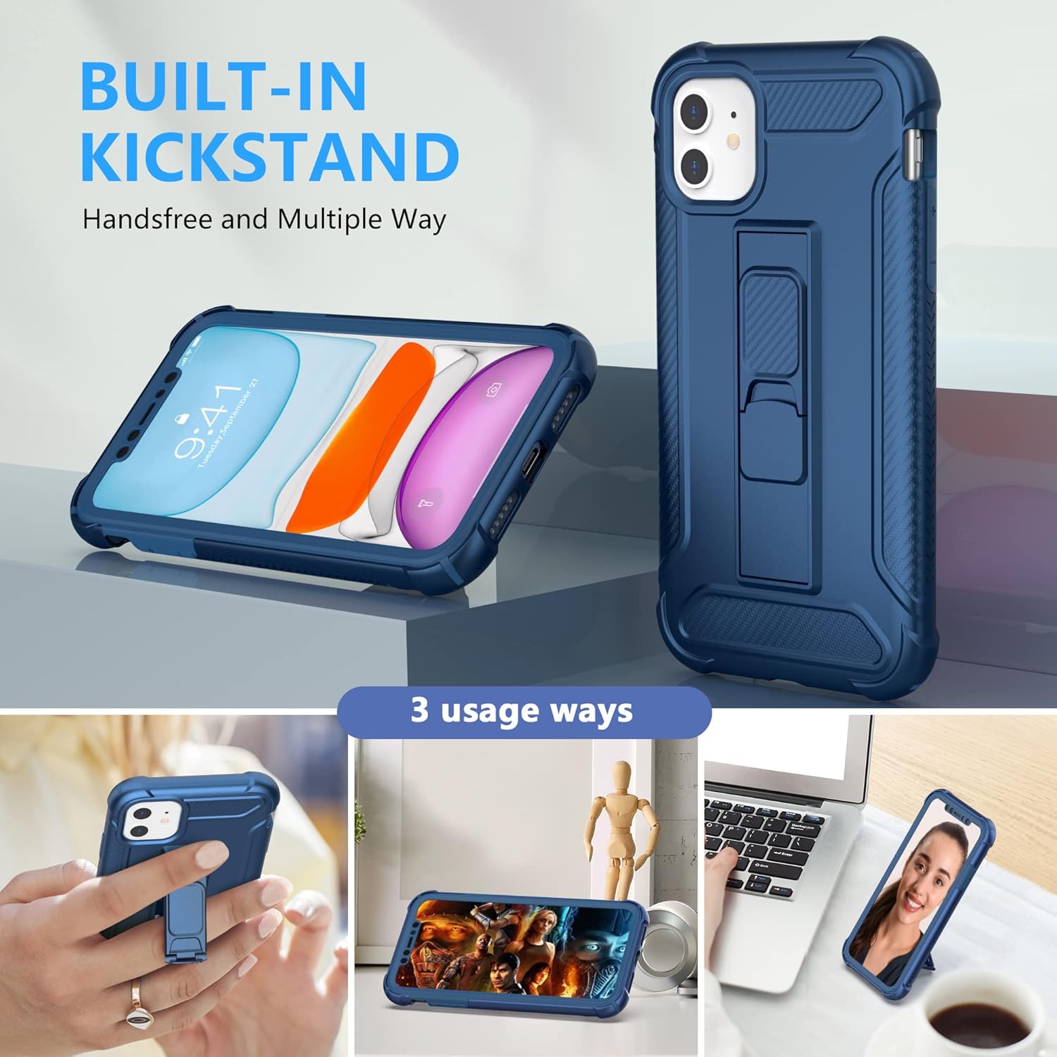 ORETech Funda diseñada para iPhone 11, con 2 protectores de pantalla de vidrio templado Soporte integrado cuerpo completo a prueba de golpes de