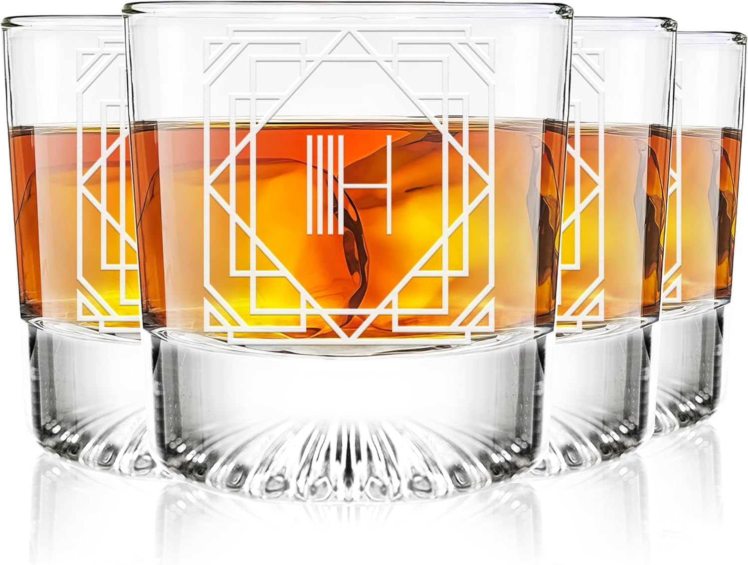 Greenline Goods – Monograma Art Deco Letra H Grabada Copa de whisky Perfecto para Bourbon, Scotch, Licor, Cóctel – Juego de 4 vasos de whisky de