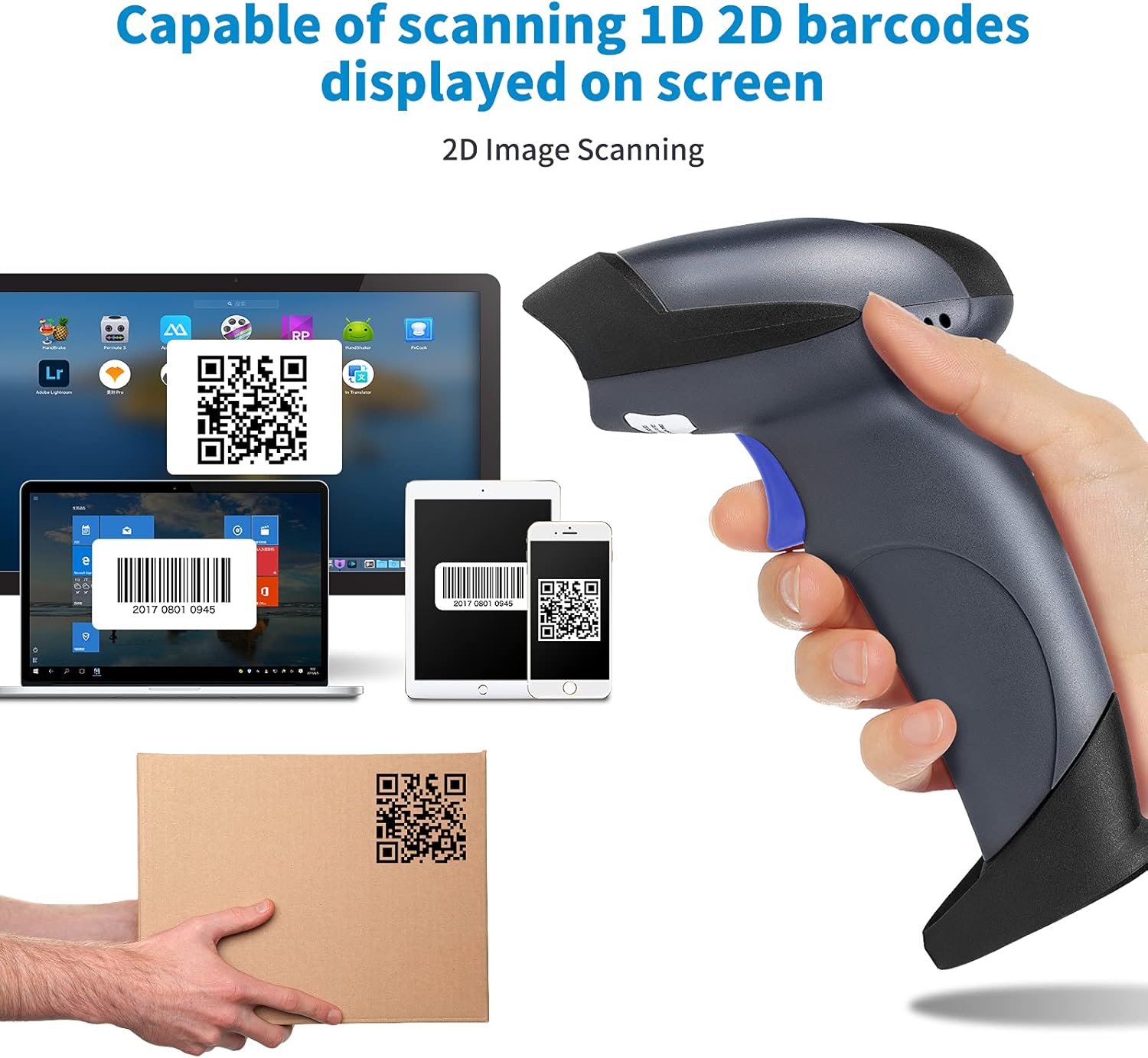 NETUM Escáner inalámbrico de código de barras QR 2D Bluetooth con soporte, lector automático de imágenes de código de barras 3 en 1, pistola escáner